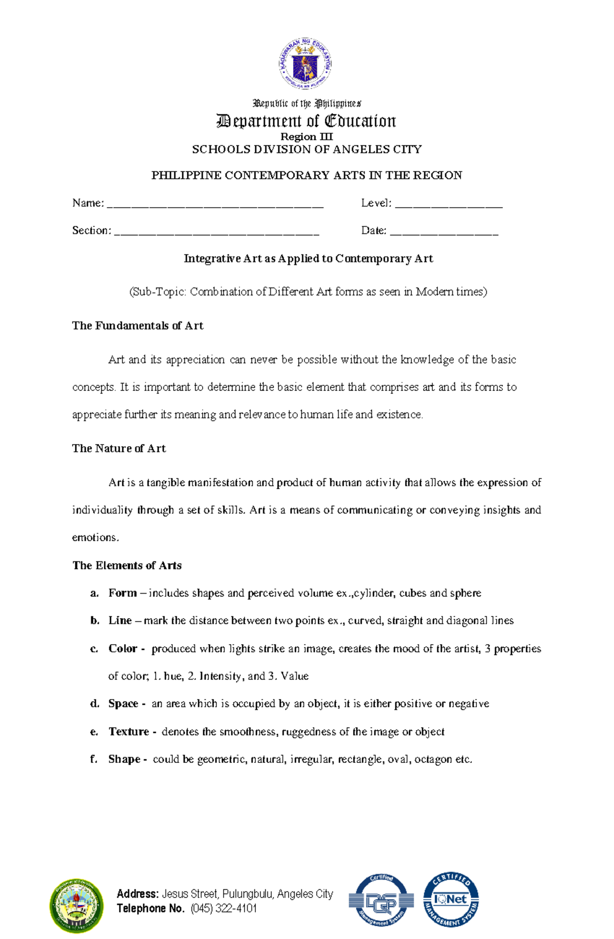 Week 1 - Arts - Department of Education Region III SCHOOLS DIVISION OF ...