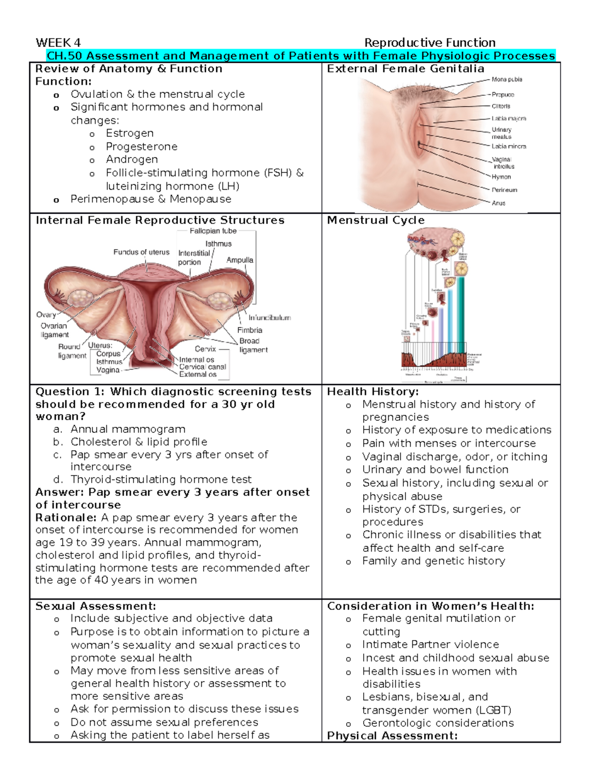 Med Surg Week 4 medsurg/health assessment notes CH Assessment and