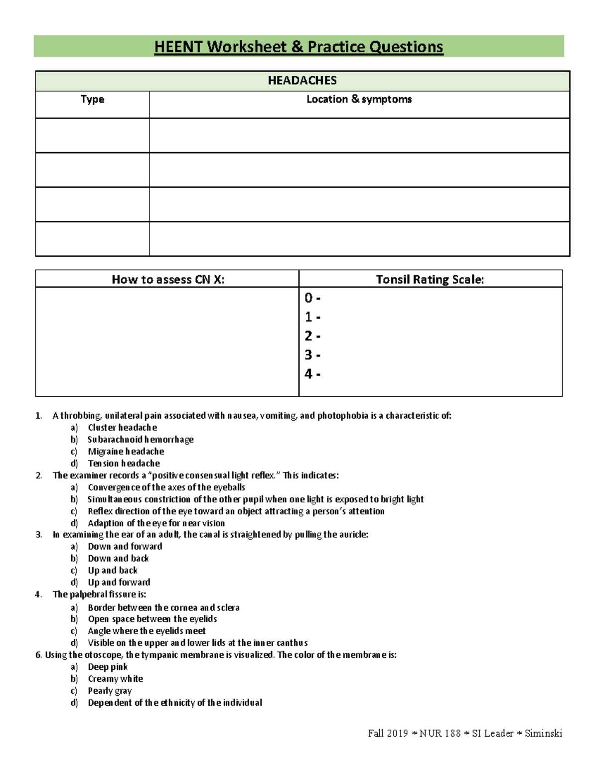 Heent Worksheet and PQ - Lecture notes for specific chapters for ...