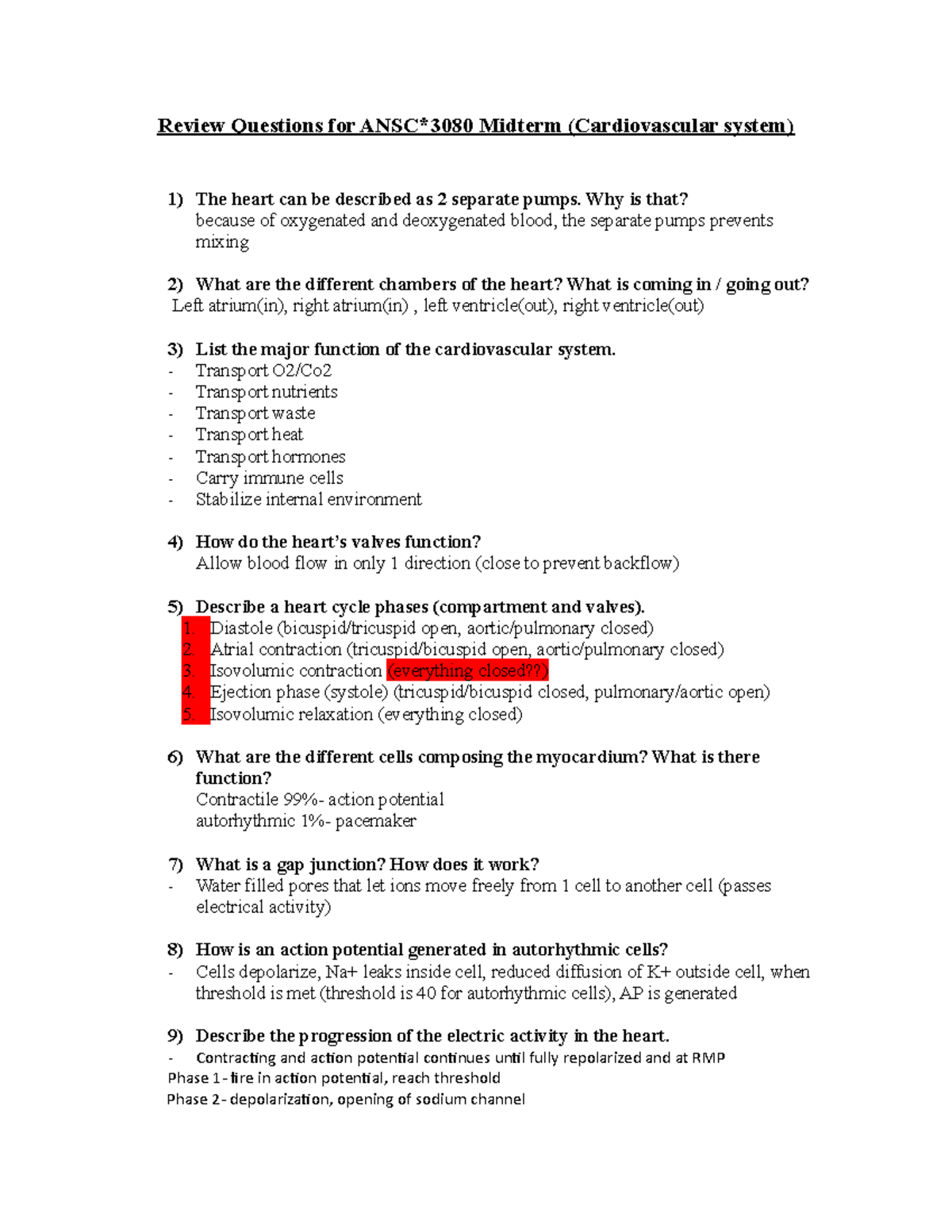 cardiovascular system - Review Questions for ANSC*3080 Midterm ...