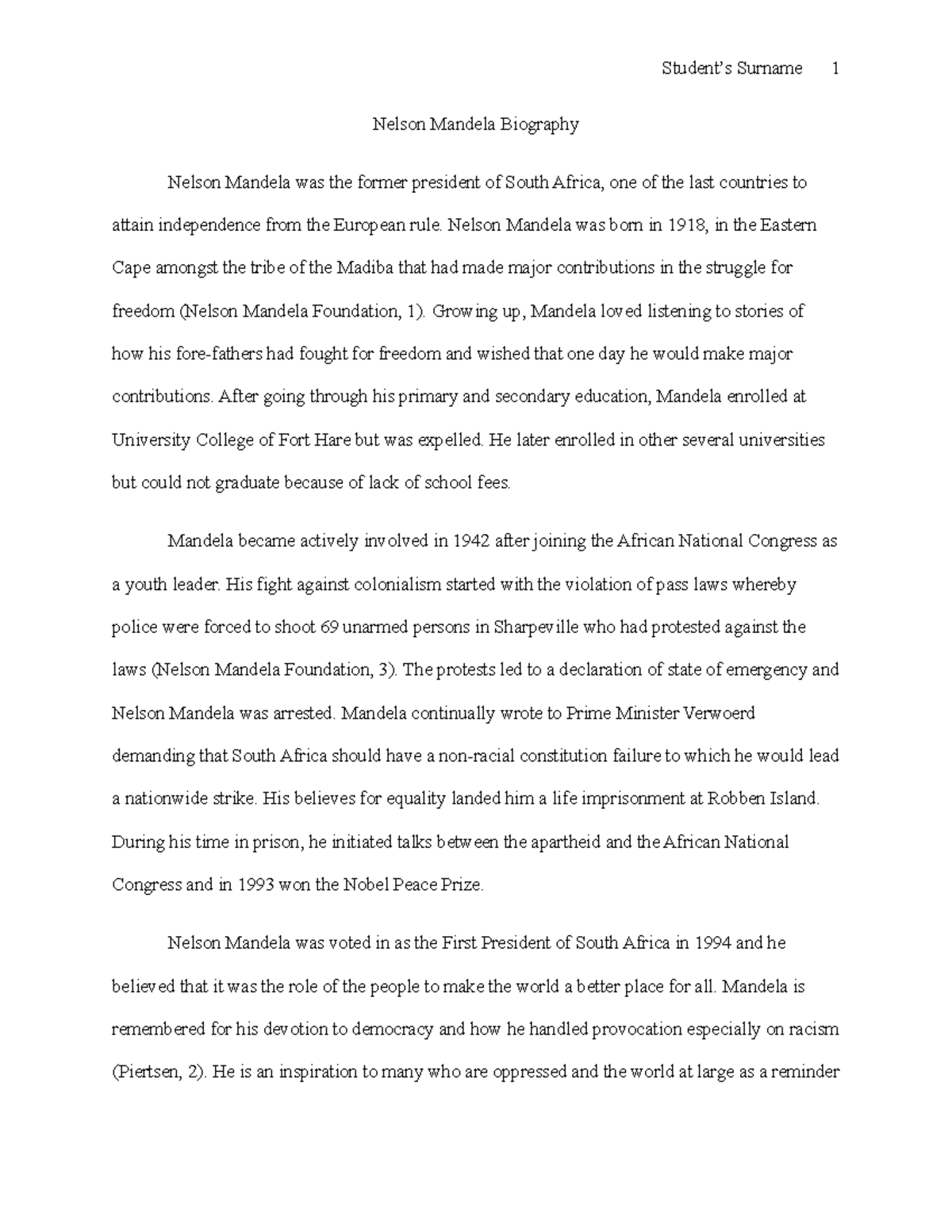 Nelson Mandela - composition work - Student’s Surname 1 Nelson Mandela ...