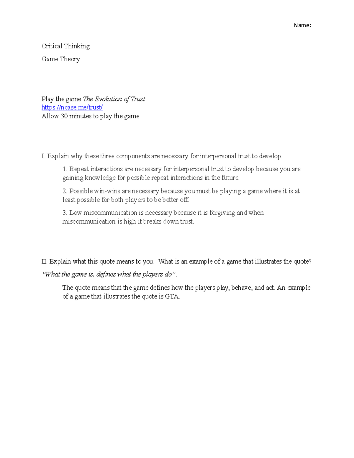 Worksheet - game theory - Name: Critical Thinking Game Theory Play the ...