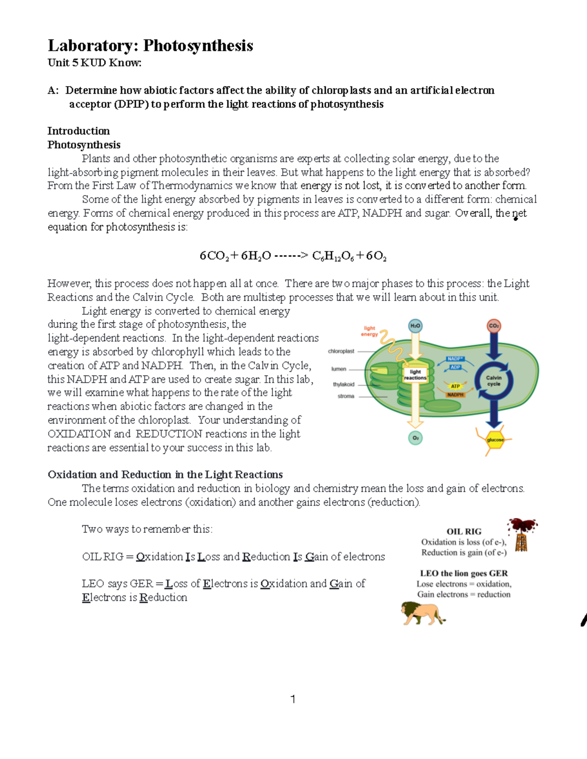 (p)Photosynth LAB 2021 Laboratory Photosynthesis Unit 5 KUD Know A Determine how abiotic