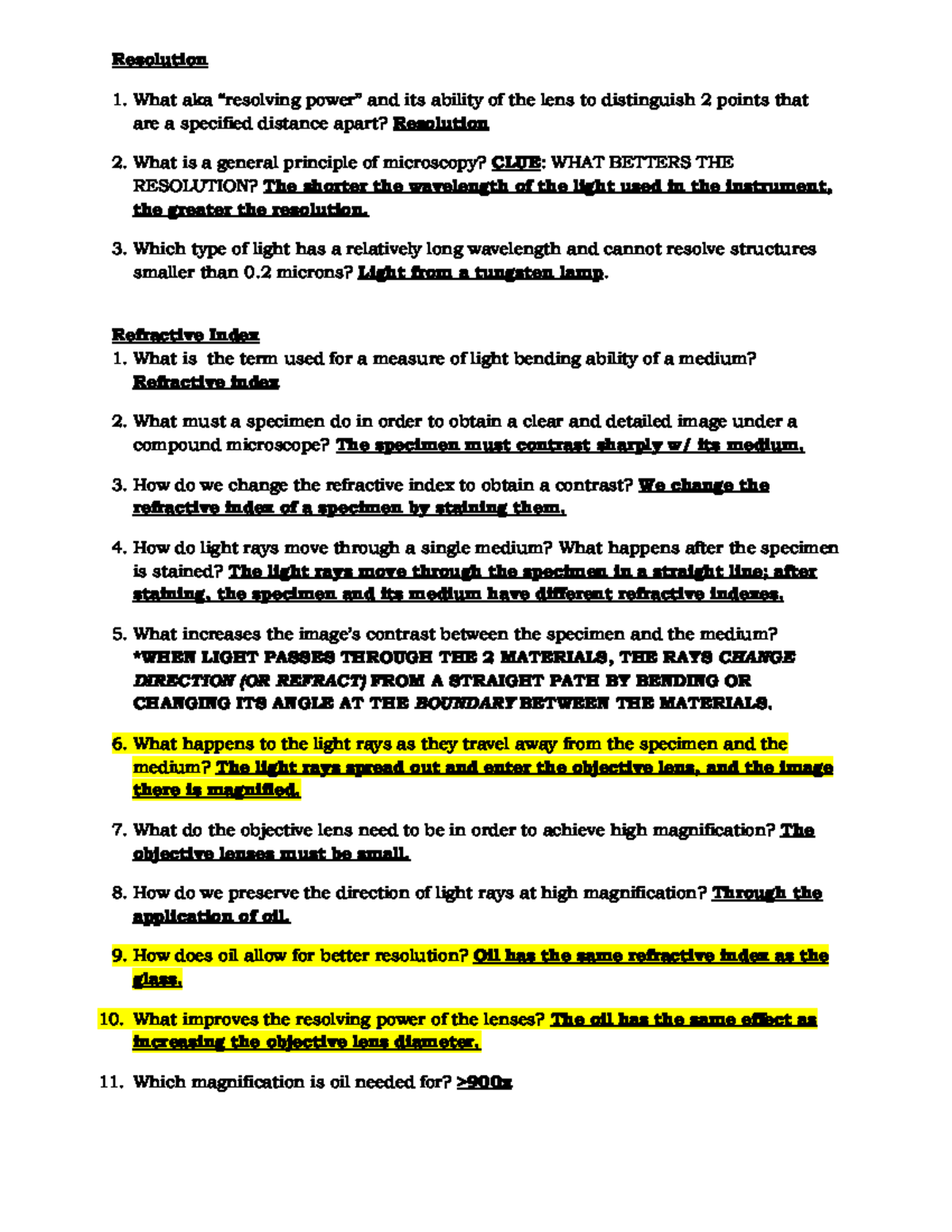 BIO 351 Microscopic Resolution and Refraction Index Questions ...
