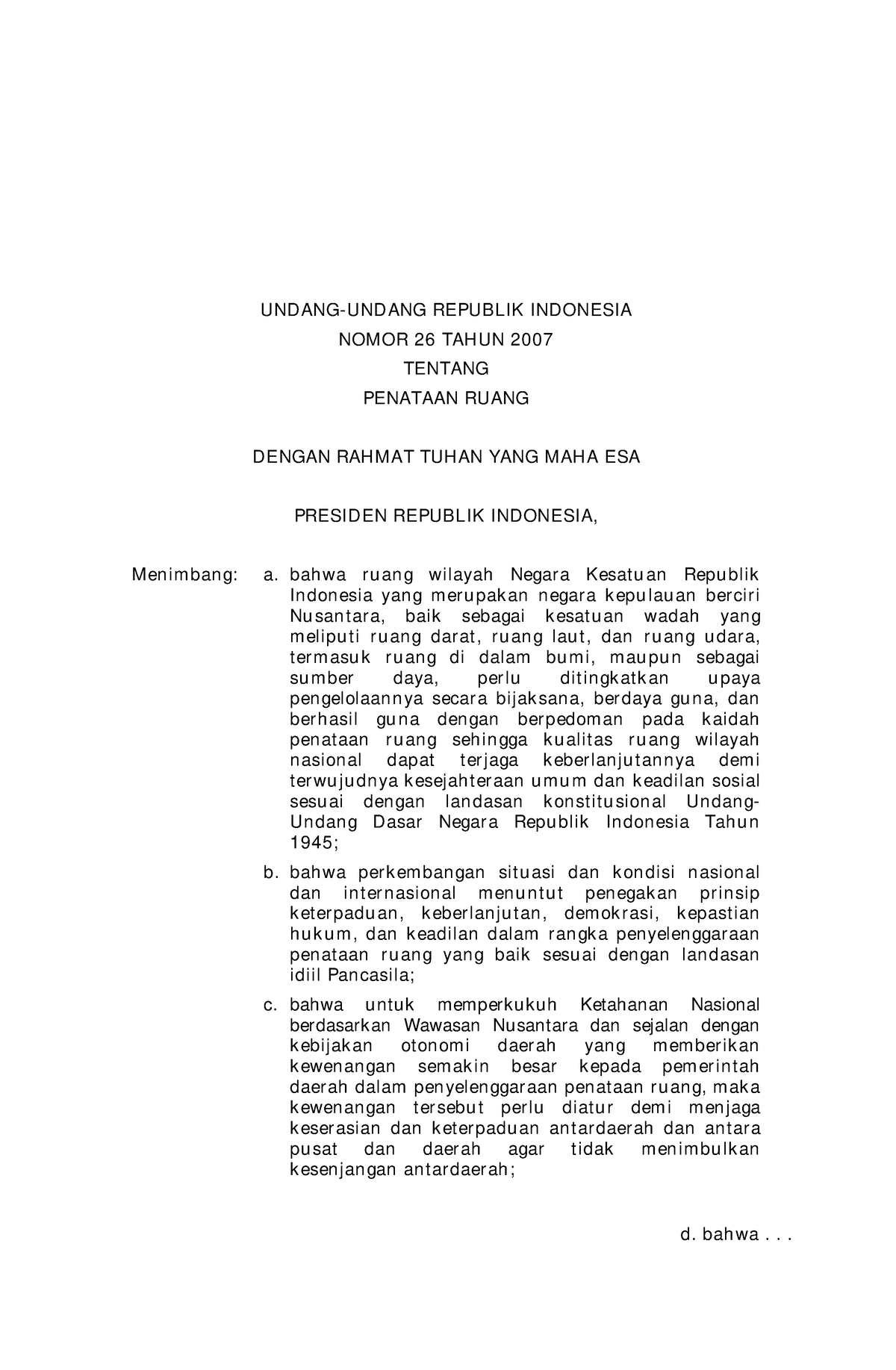 UU Nomor 26 Tahun 2007 - Undang-undang - UNDANG-UNDANG REPUBLIK ...