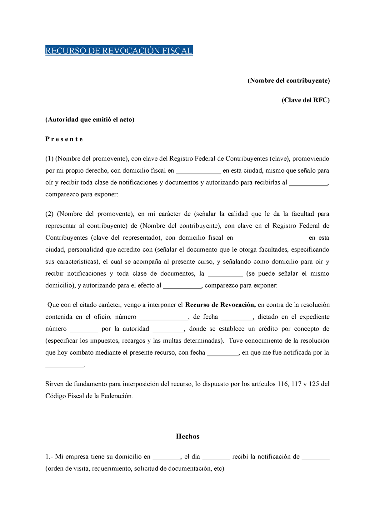 Modelo Recurso DE Revocacion Fiscal - RECURSO DE REVOCACIÓN FISCAL (Nombre  del contribuyente) (Clave - Studocu