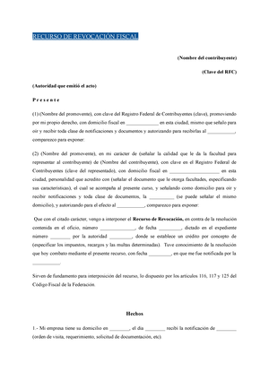 Modelo Recurso DE Revocacion Fiscal - RECURSO DE REVOCACIÓN FISCAL (Nombre  del contribuyente) (Clave - Studocu