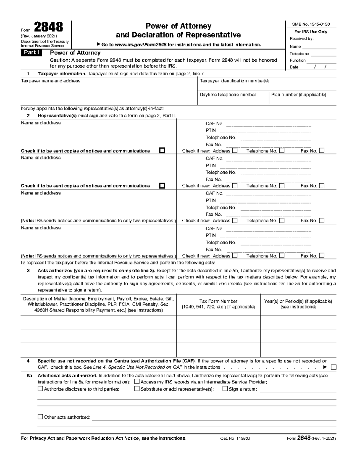 F2848 - Form 2848 (rev. January 2021) Department Of The Treasury 