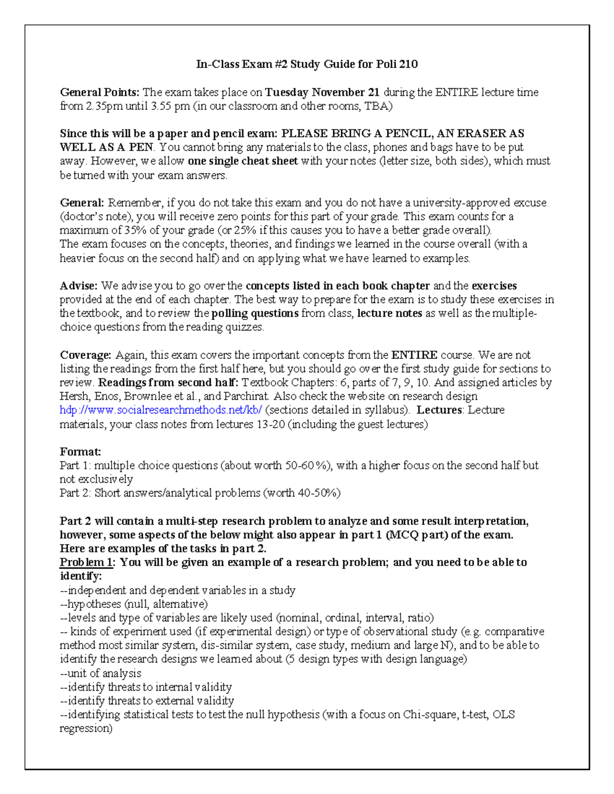 Exam II Study guide for POLI 210 final - Copy - In-Class Exam #2 Study ...