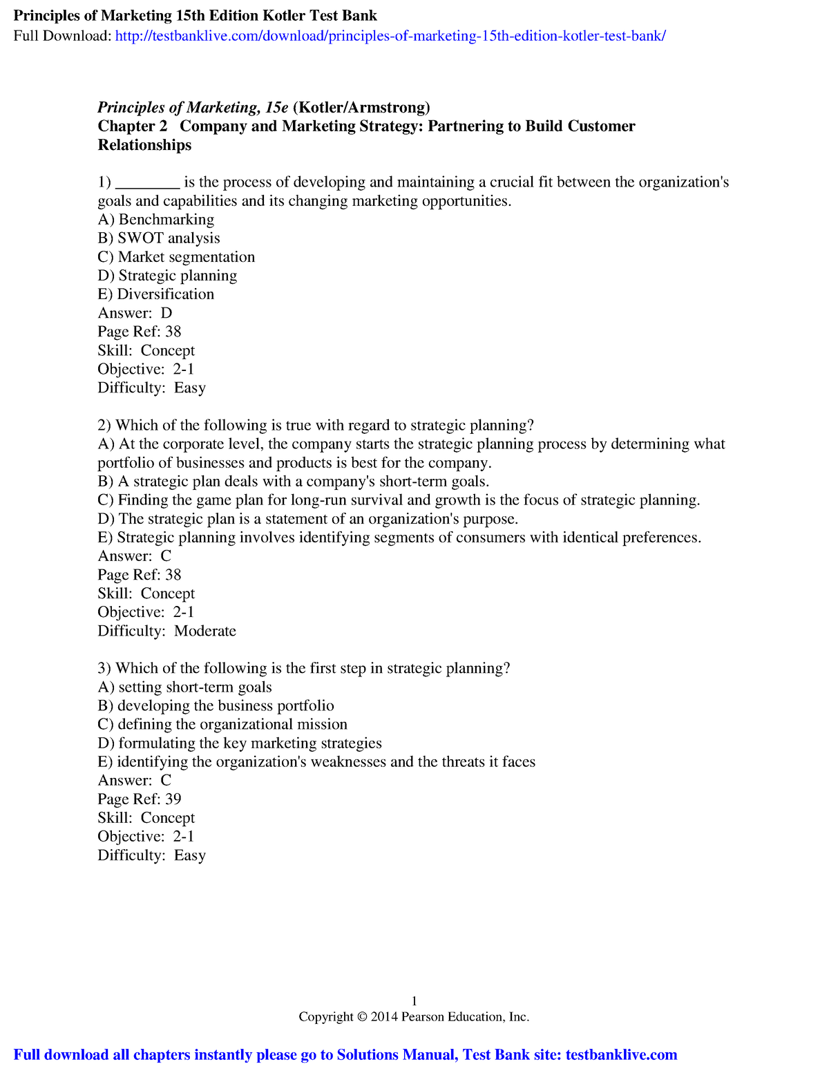 Principles Of Marketing 15th Edition Kotler Test Bank - 1 Copyright ...