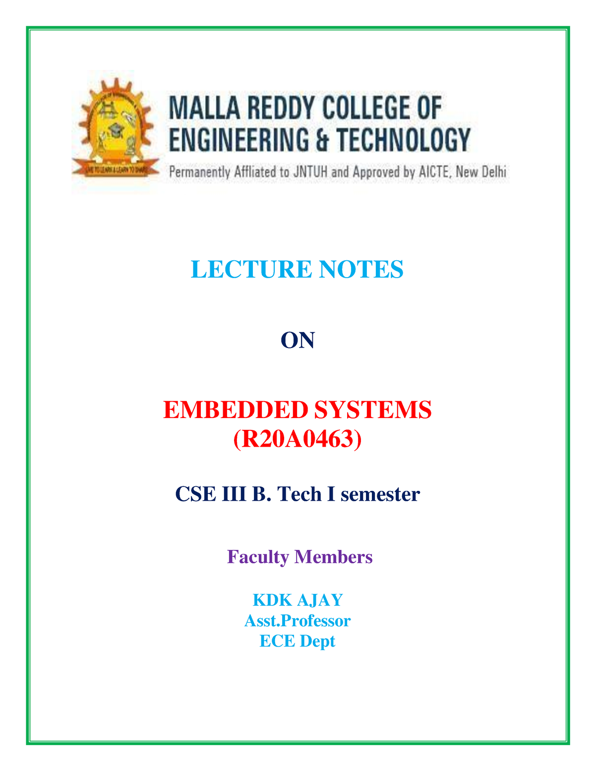 Embedded System - Notes - LECTURE NOTES ON EMBEDDED SYSTEMS (R20A0463 ...