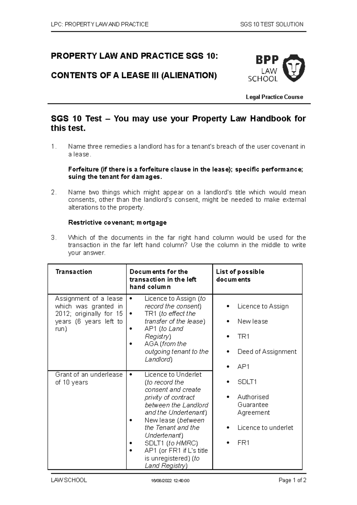Property SGS 10 Test solution LPC PROPERTY LAW AND PRACTICE SGS 10