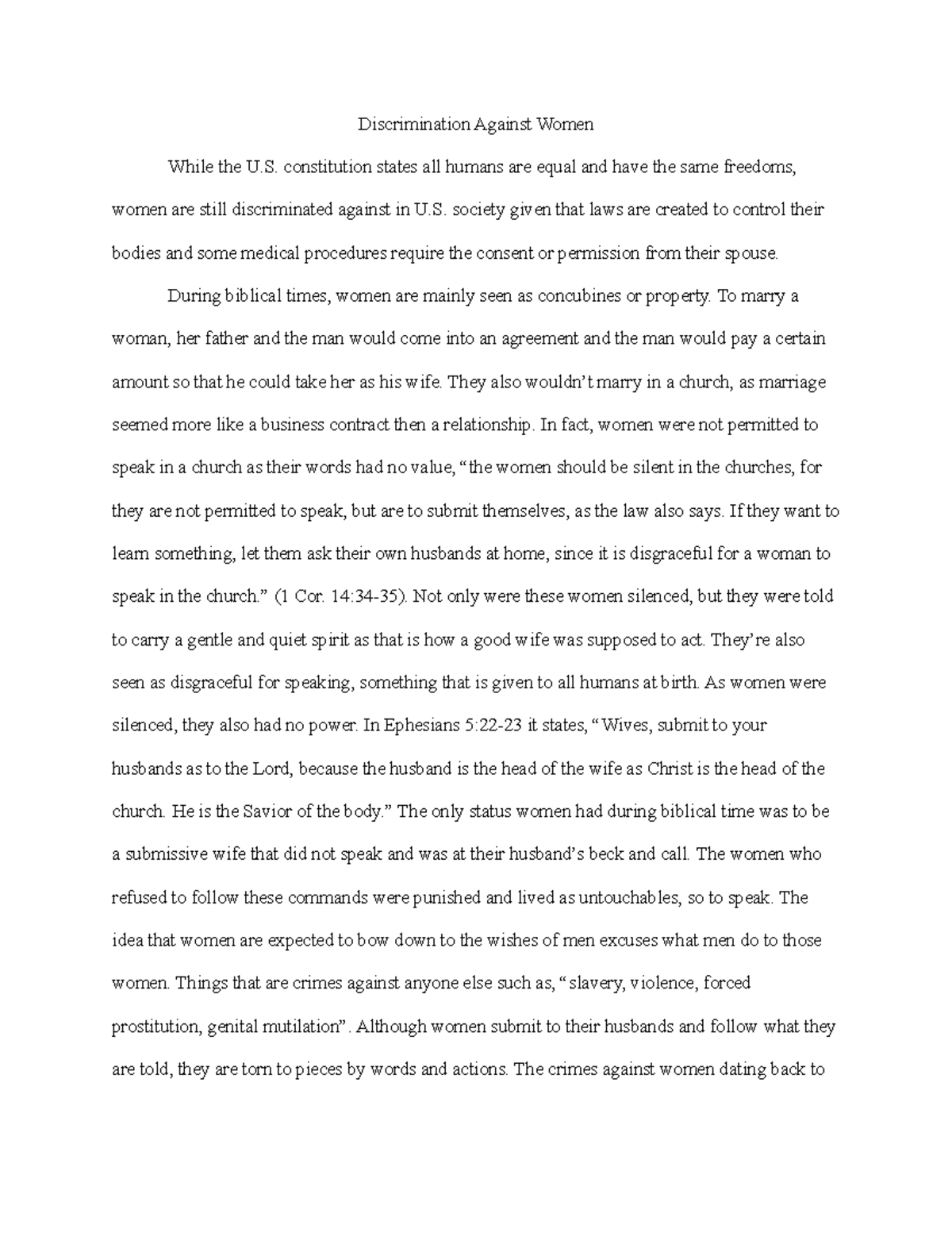 Discrimination Against Women constitution states all humans are equal and have the same