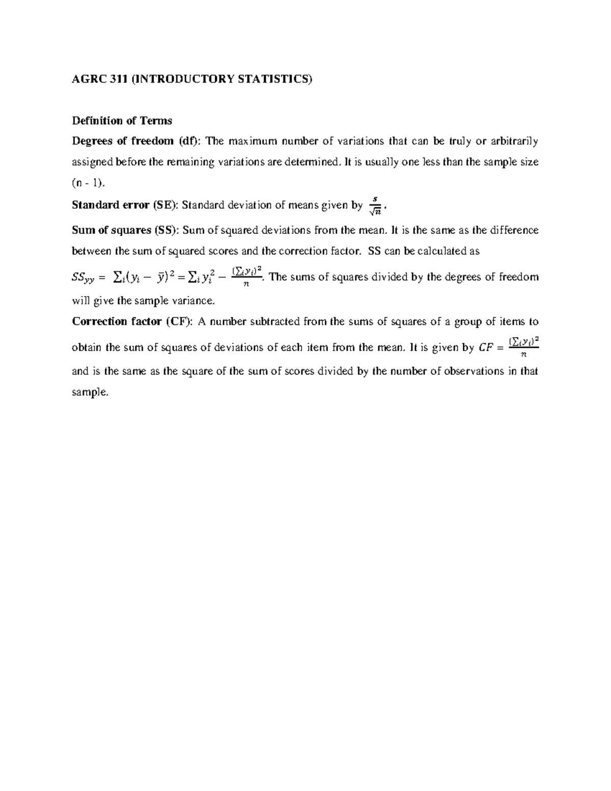 Introductory Statistics (AGRC 311) - AGRC 311 (INTRODUCTORY STATISTICS ...