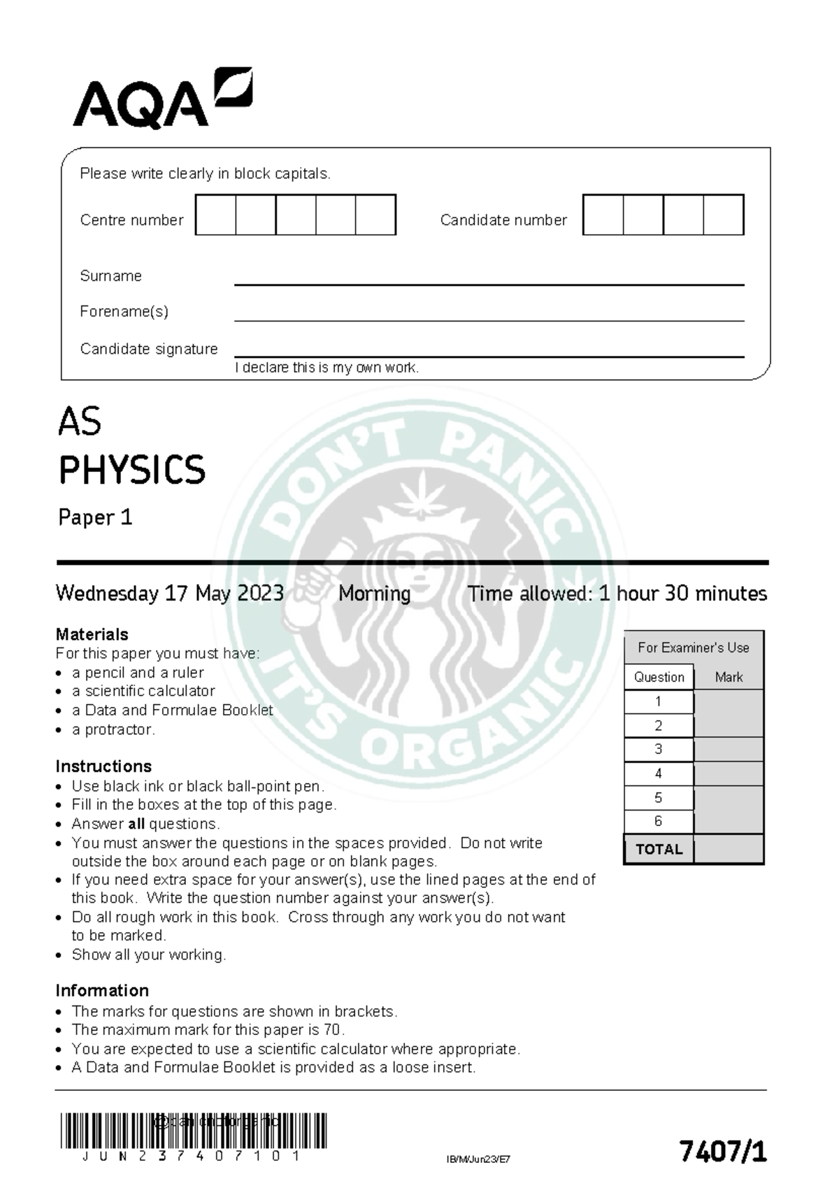 7407 1 QP Physics AS 17May23 AM - JUN237407101 IB/M/Jun23/E7 7407/ For ...