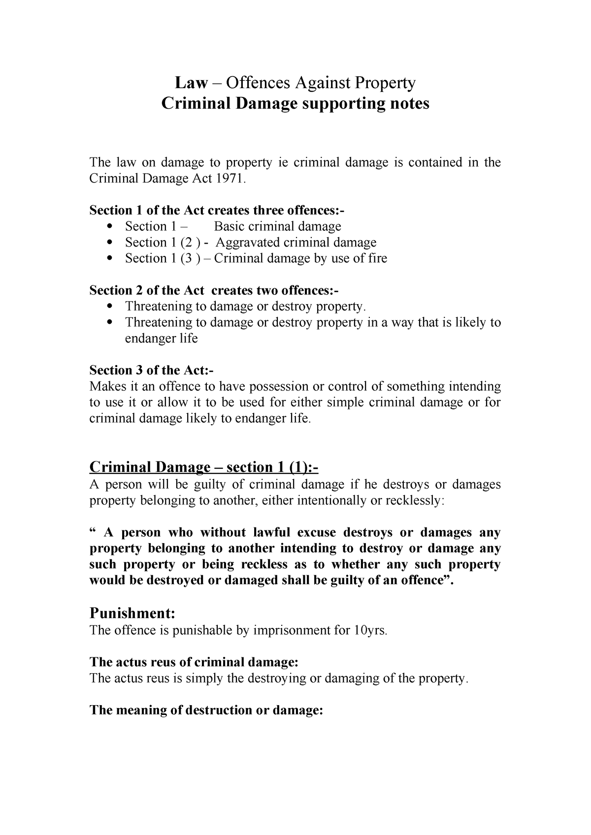 Criminal damage lecture notes - Law – Offences Against Property ...