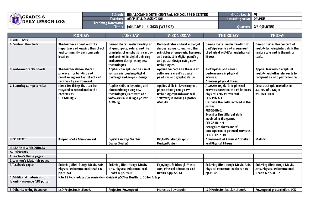 DLL Mapeh 6 Q2 W7 - Lesson plan for MAEH - GRADES 6 DAILY LESSON LOG ...