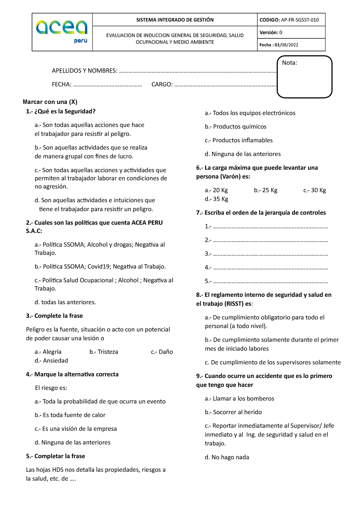 AP-FR- Sgsst-07 Evaluacion De Conocimiento En Induccion General De SST ...