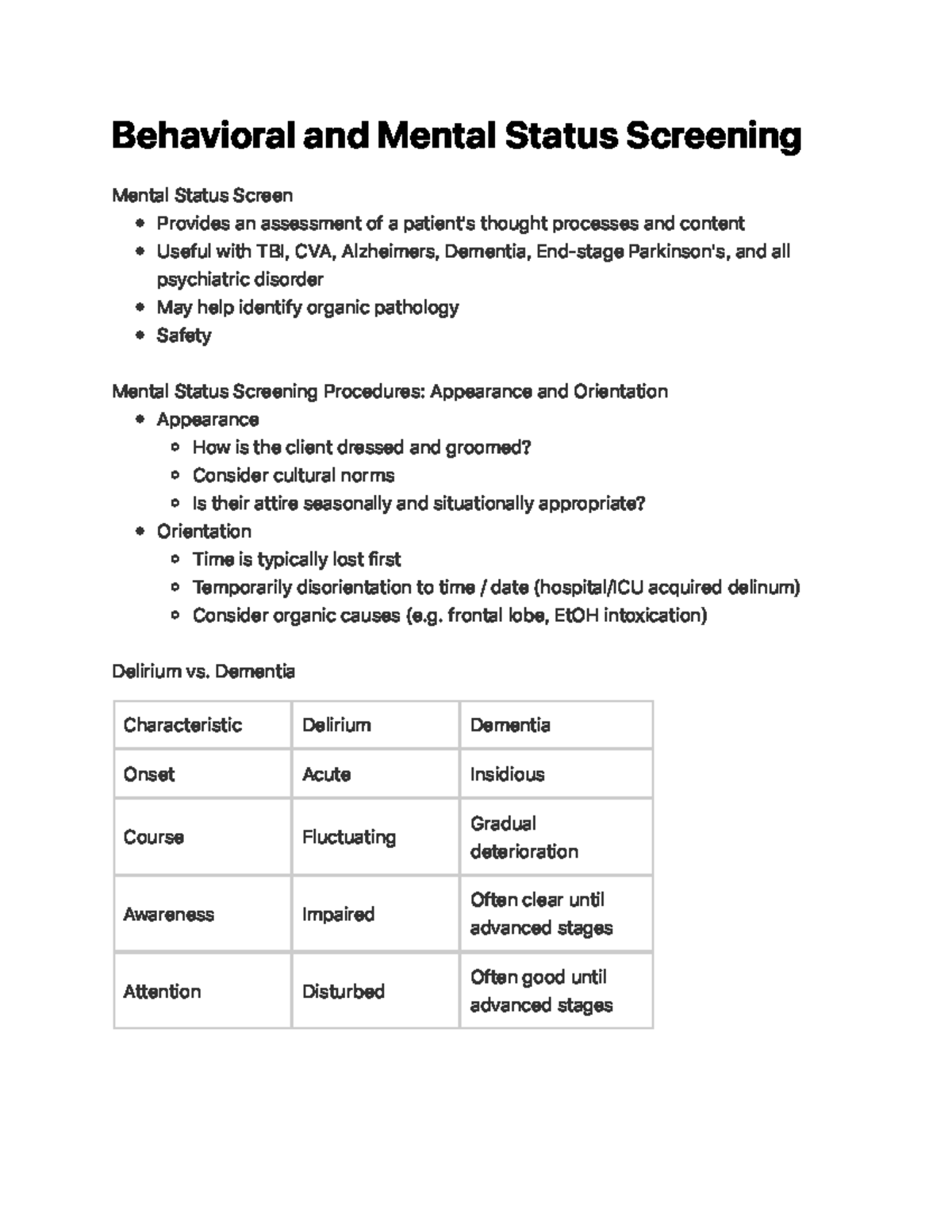 Behavioral And Mental Status Screening - B E H Av I O Ra L A N D M E N ...