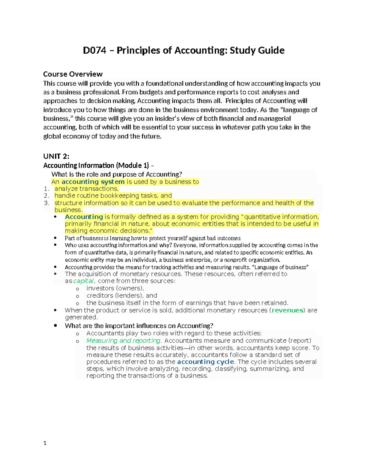 D074 Study Guide - Principles Of Accounting - D074 – Principles Of ...