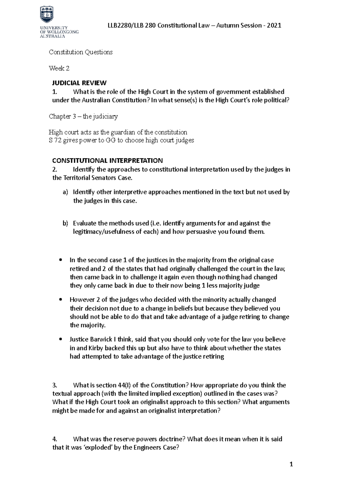 Constitution Questions Constitution Questions Week 2 JUDICIAL REVIEW