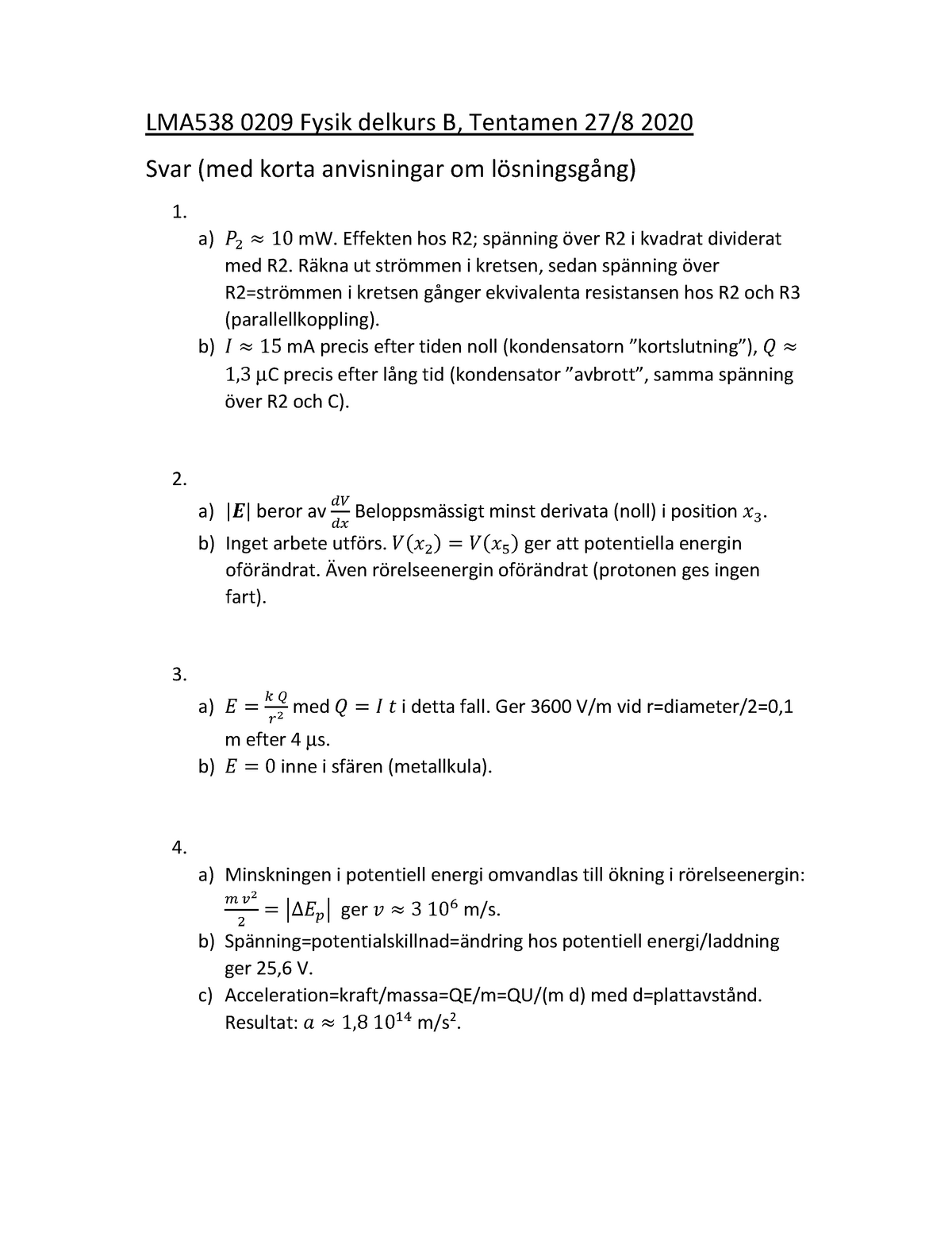 Fysik Del B Tenta 27aug 2020 Lösningar - LMA538 0209 Fysik Delkurs B ...