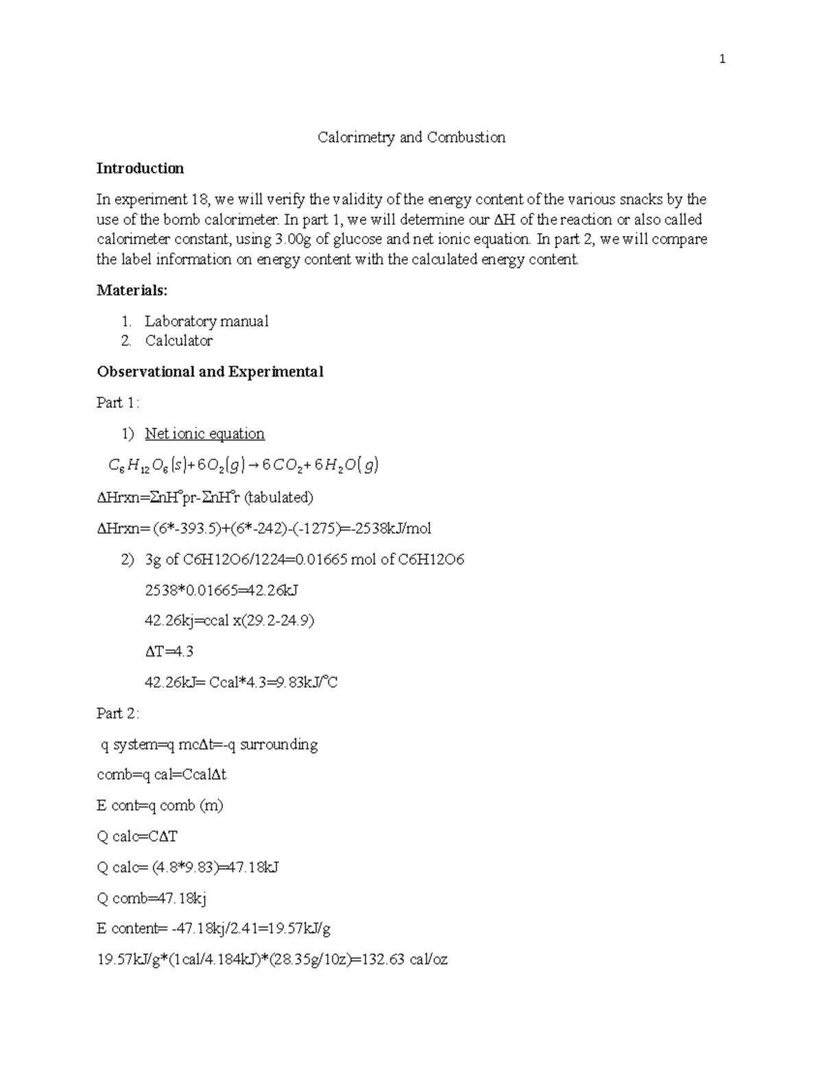 Experiment 18 Calorimetry and Combustion - 1 Calorimetry and Combustion ...