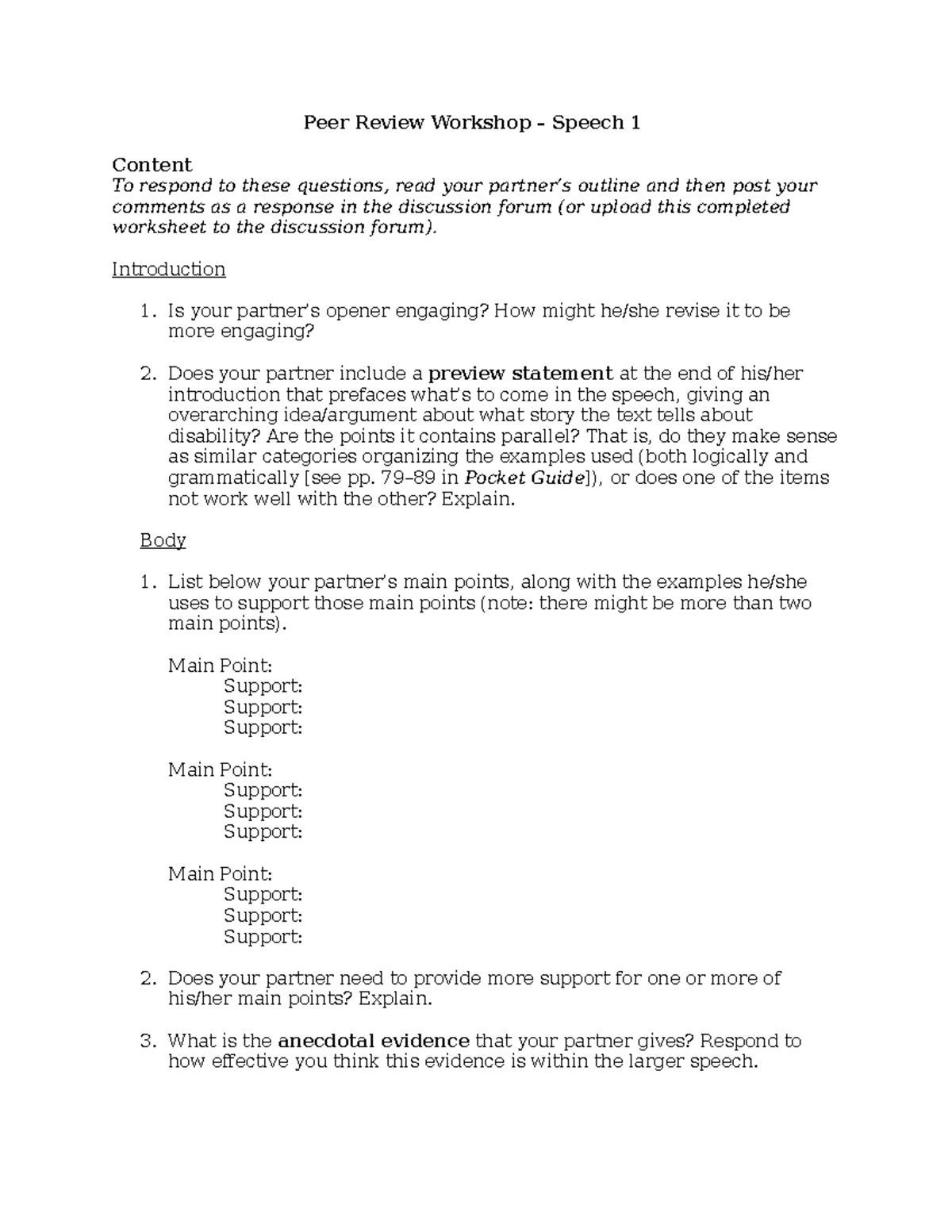 speech peer review worksheet