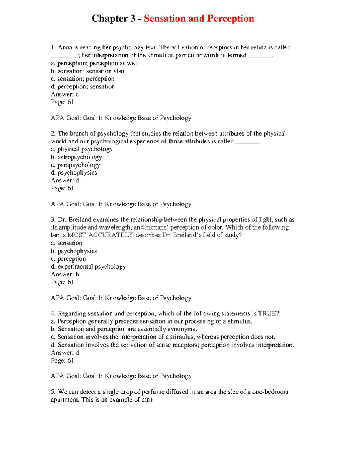 Chapter 3 - Sensation and Perception Test Bank - Chapter 3 - Sensation ...
