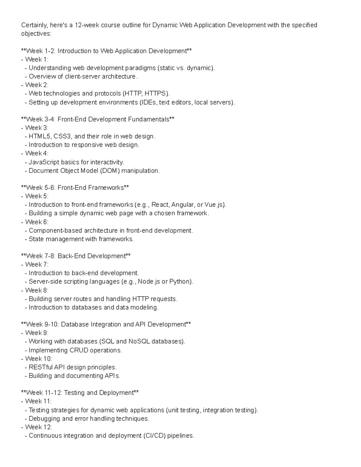 Dynamic Web - Lecture Notes Week 1 - Certainly, here's a 12-week course ...