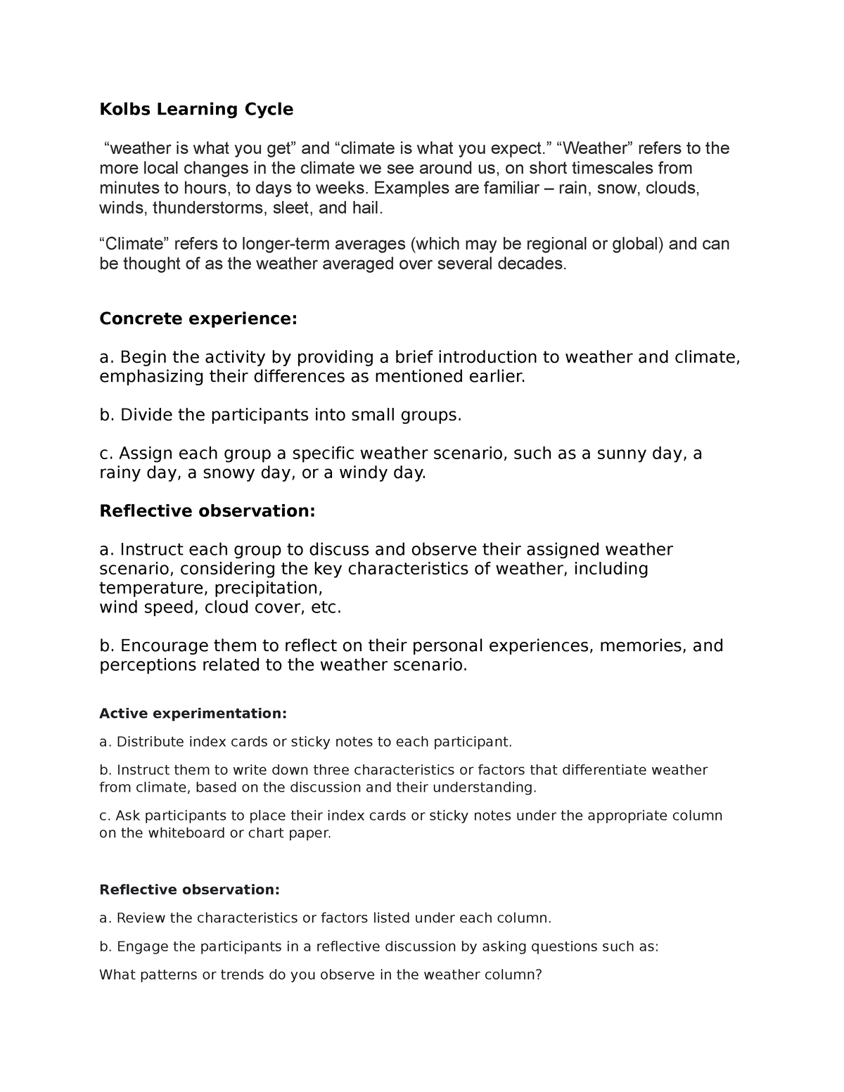 Kolbs Learning Cycle - Differentiating Weather and Climate - Kolbs ...