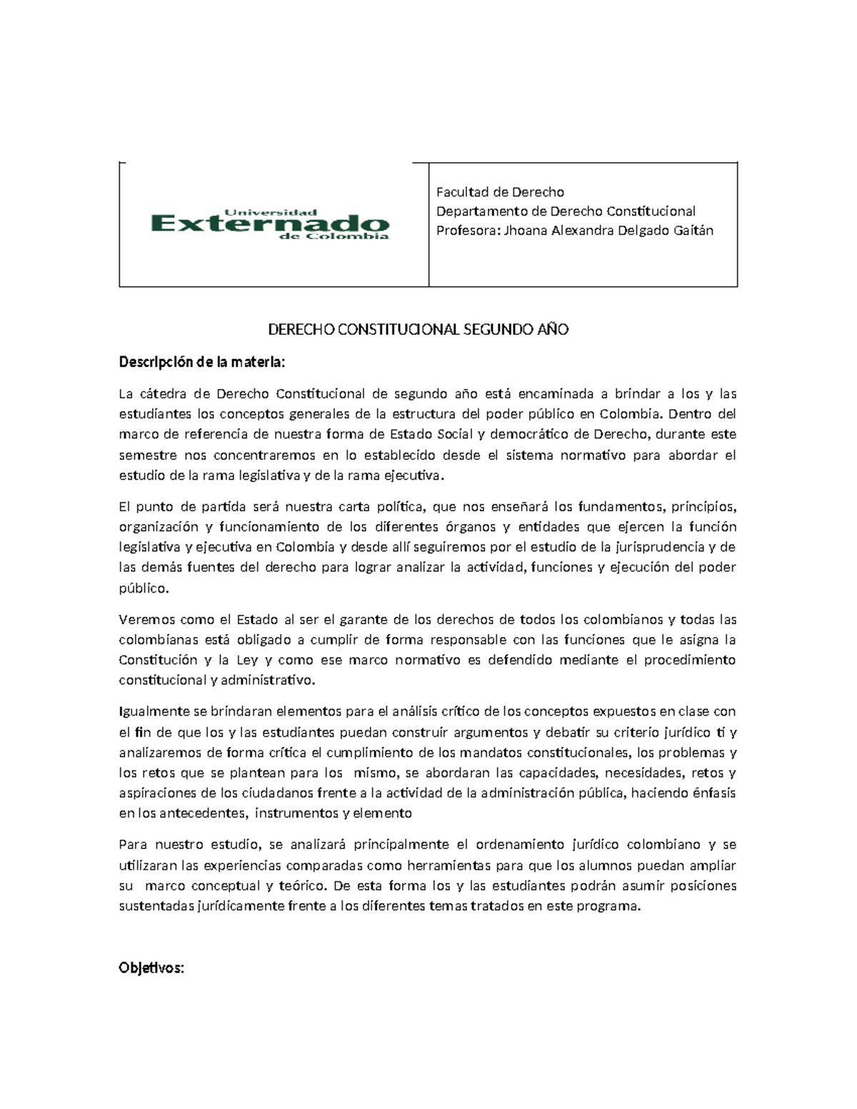 Programa Derecho Constitucional 2 - Facultad de Derecho Departamento de ...