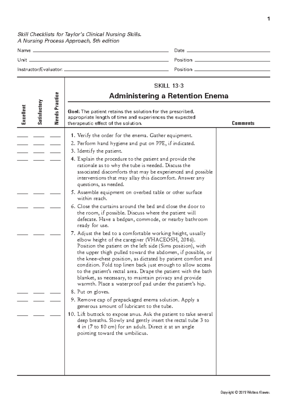 Administering a Retention Enema 1 Skill Checklists for Taylor's