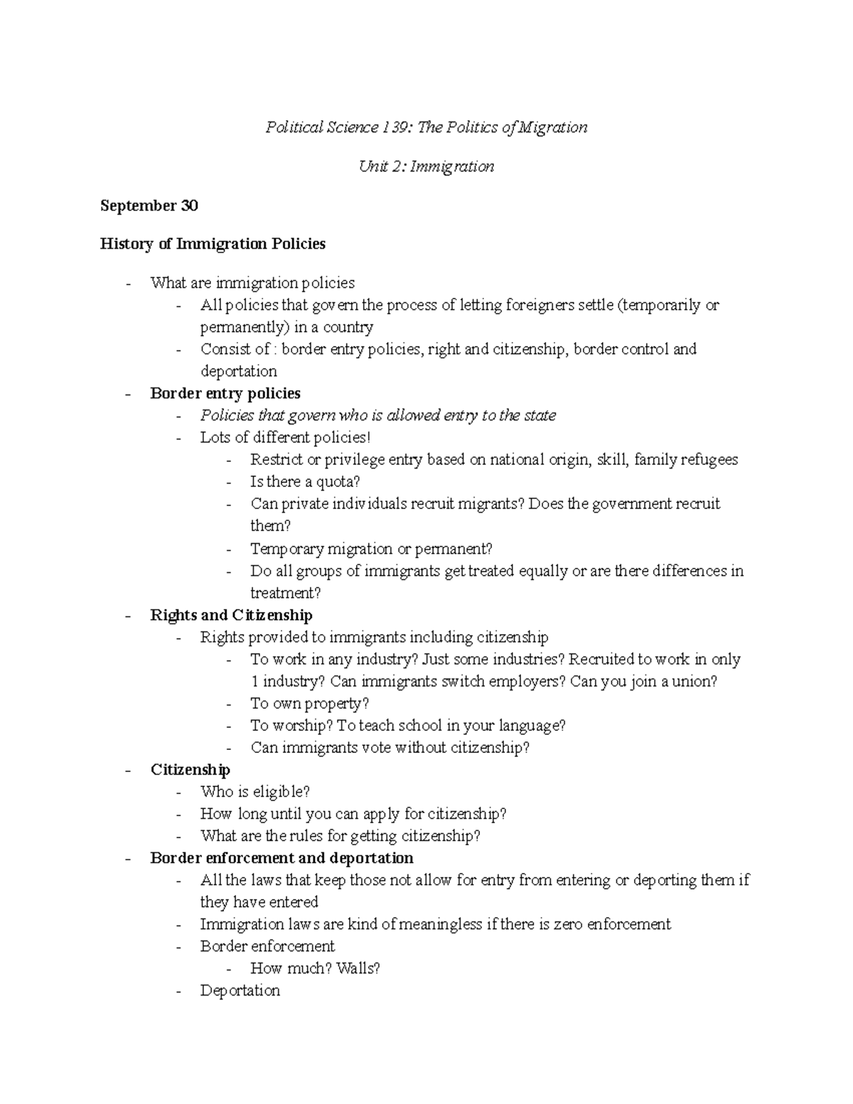 PS139 Unit 2 Immigration - Political Science 139: The Politics of ...