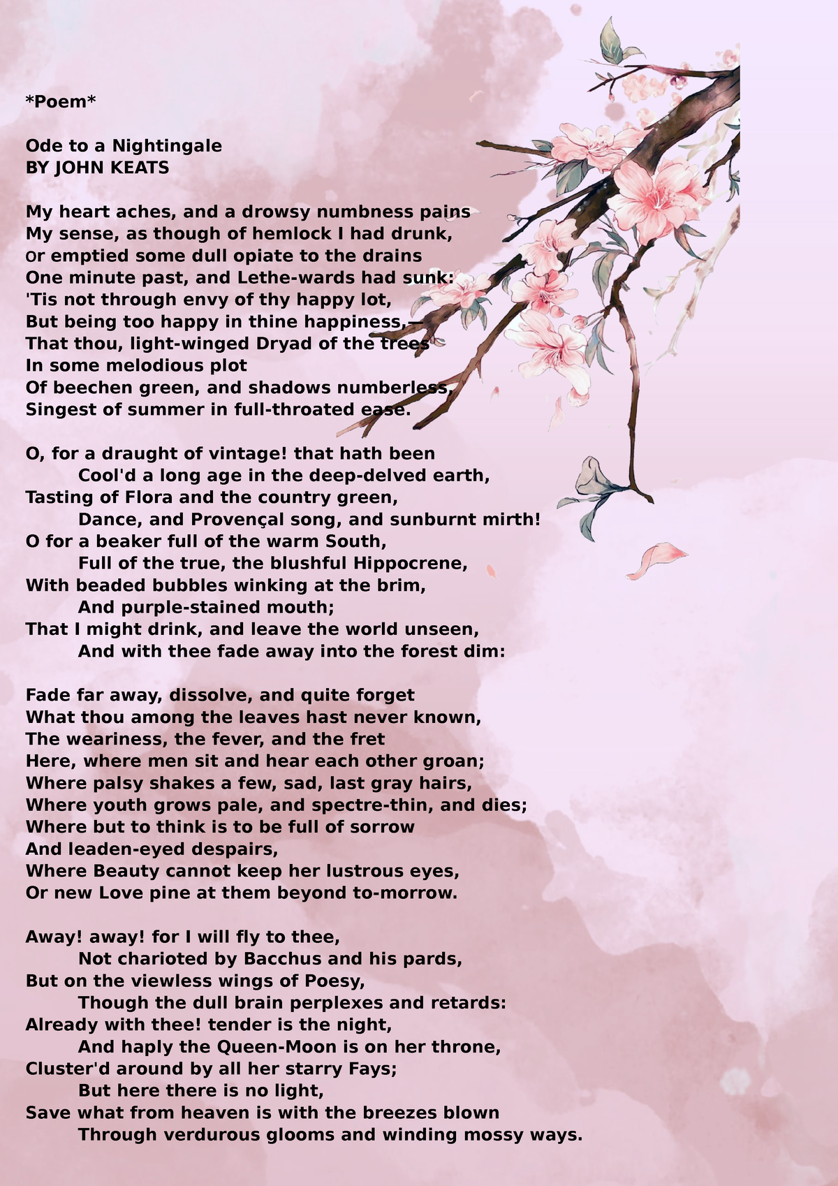 Ode od a Nightingale - Poem - Poem Ode to a Nightingale BY JOHN KEATS ...