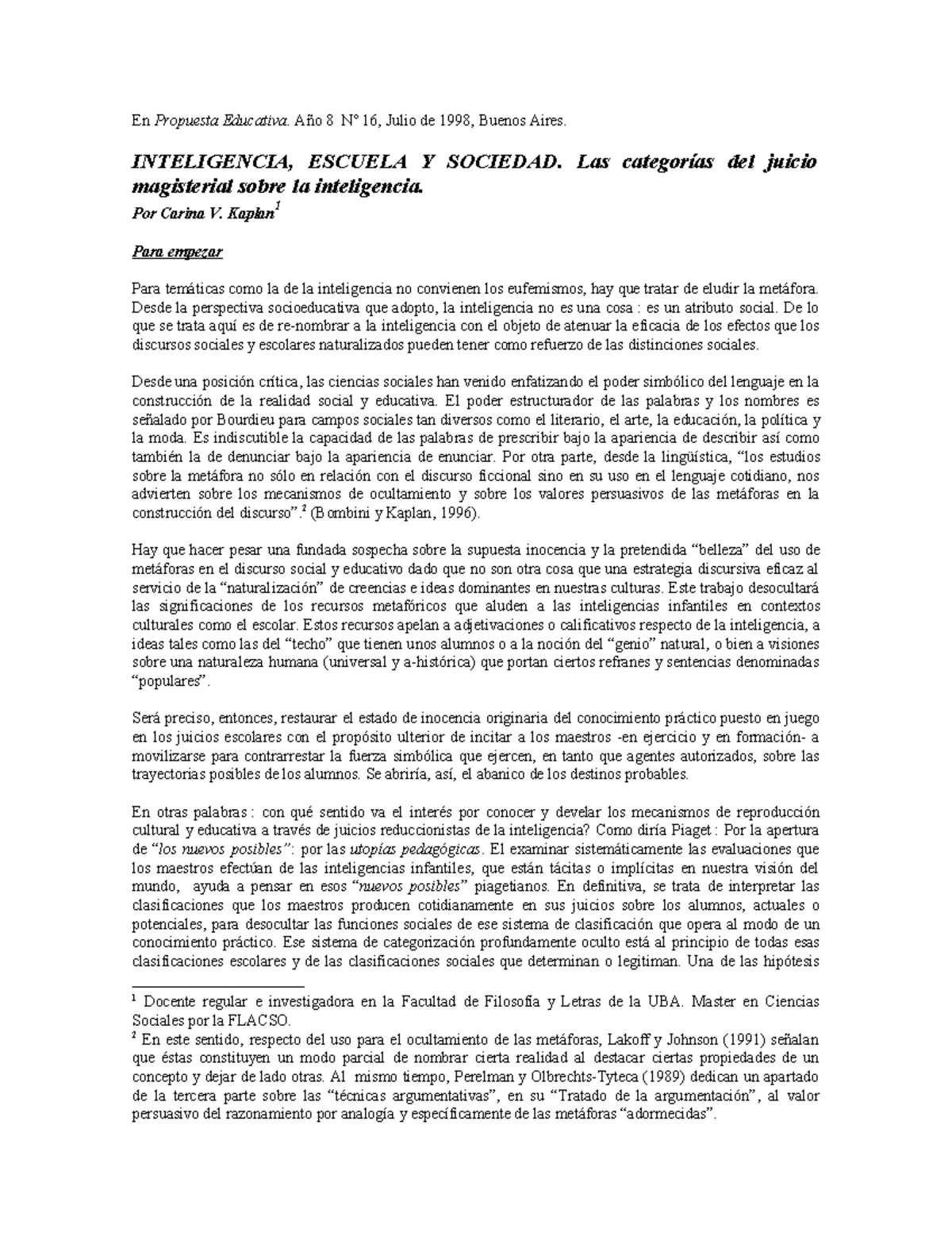 Carina Kaplan Inteligencia, escuela y sociedad texto obligatorio En