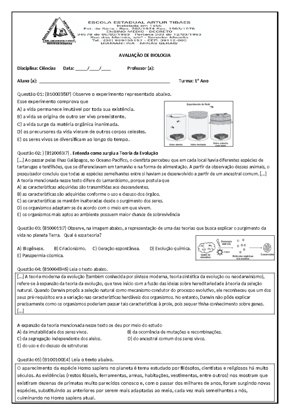 Avaliação 1º BI - 1 ANO - origem da vida e evolução Darwin e Lamarck ...