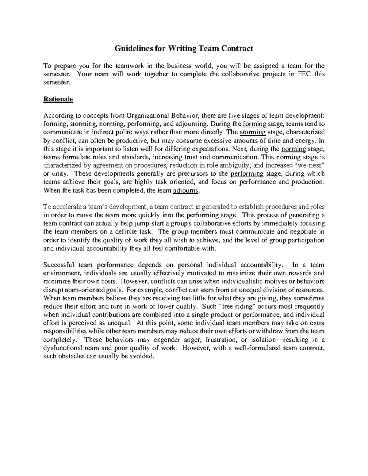 Team Contract Template - Guidelines for Writing Team Contract To ...
