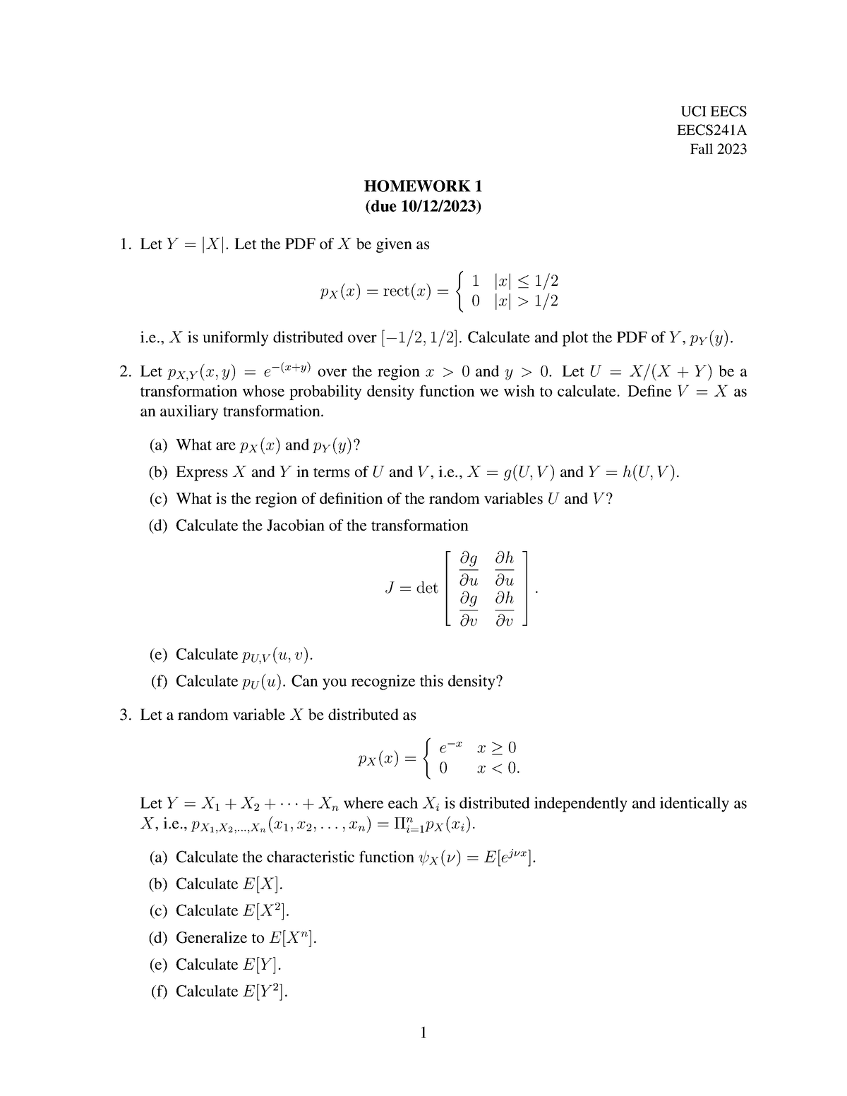 Hw1 - Homework - UCI EECS EECS241A Fall 2023 HOMEWORK 1 (due 10/12/2023 ...