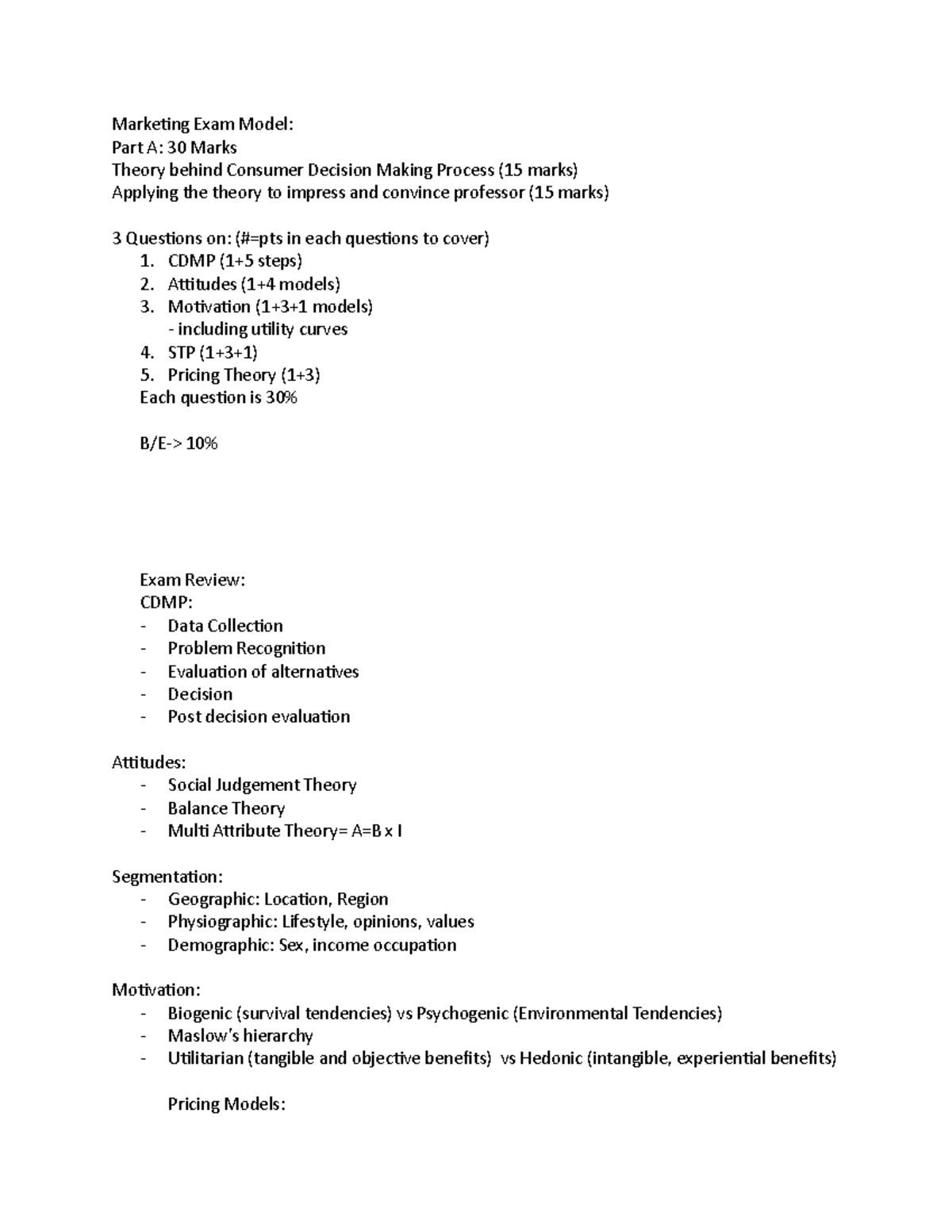Marketing Exam Model - mktg 1310 - U of W - Studocu