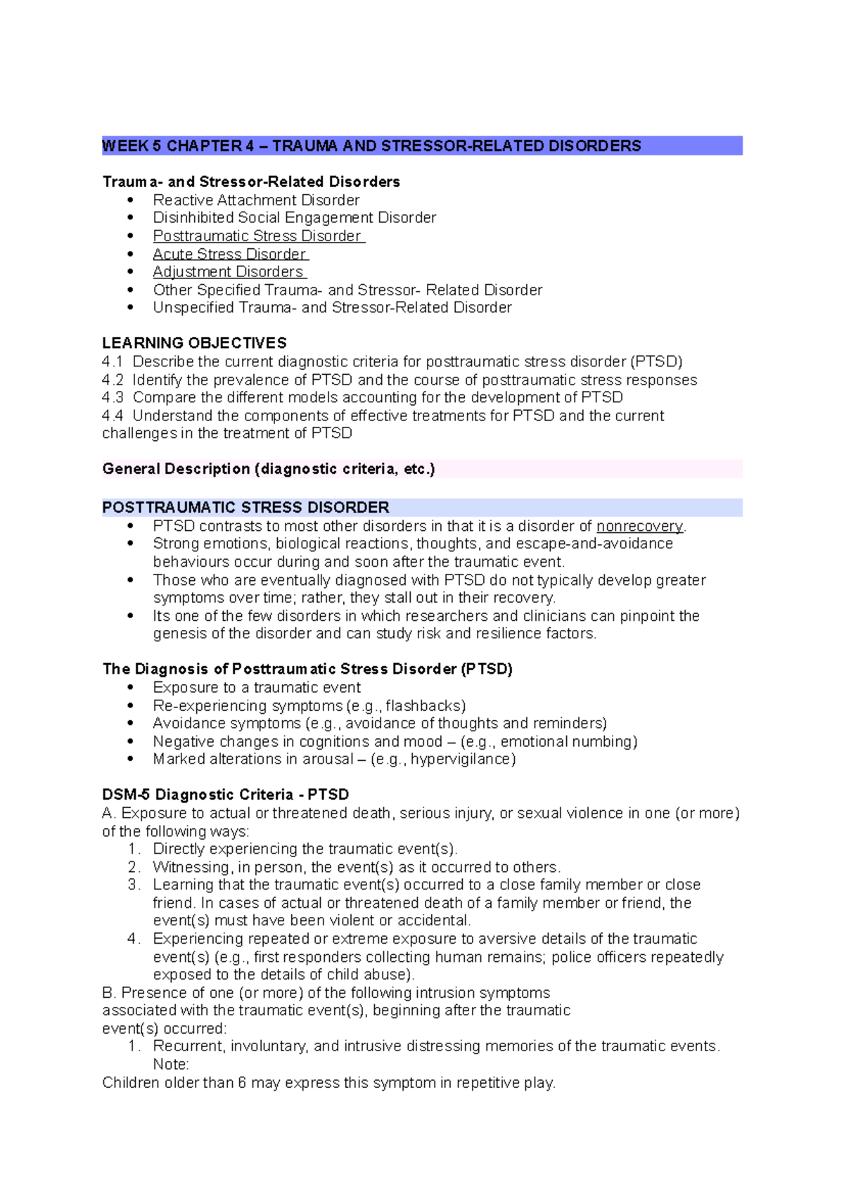 WEEK 5 Chapter 4 - Lecture notes 5 - WEEK 5 CHAPTER 4 – TRAUMA AND ...