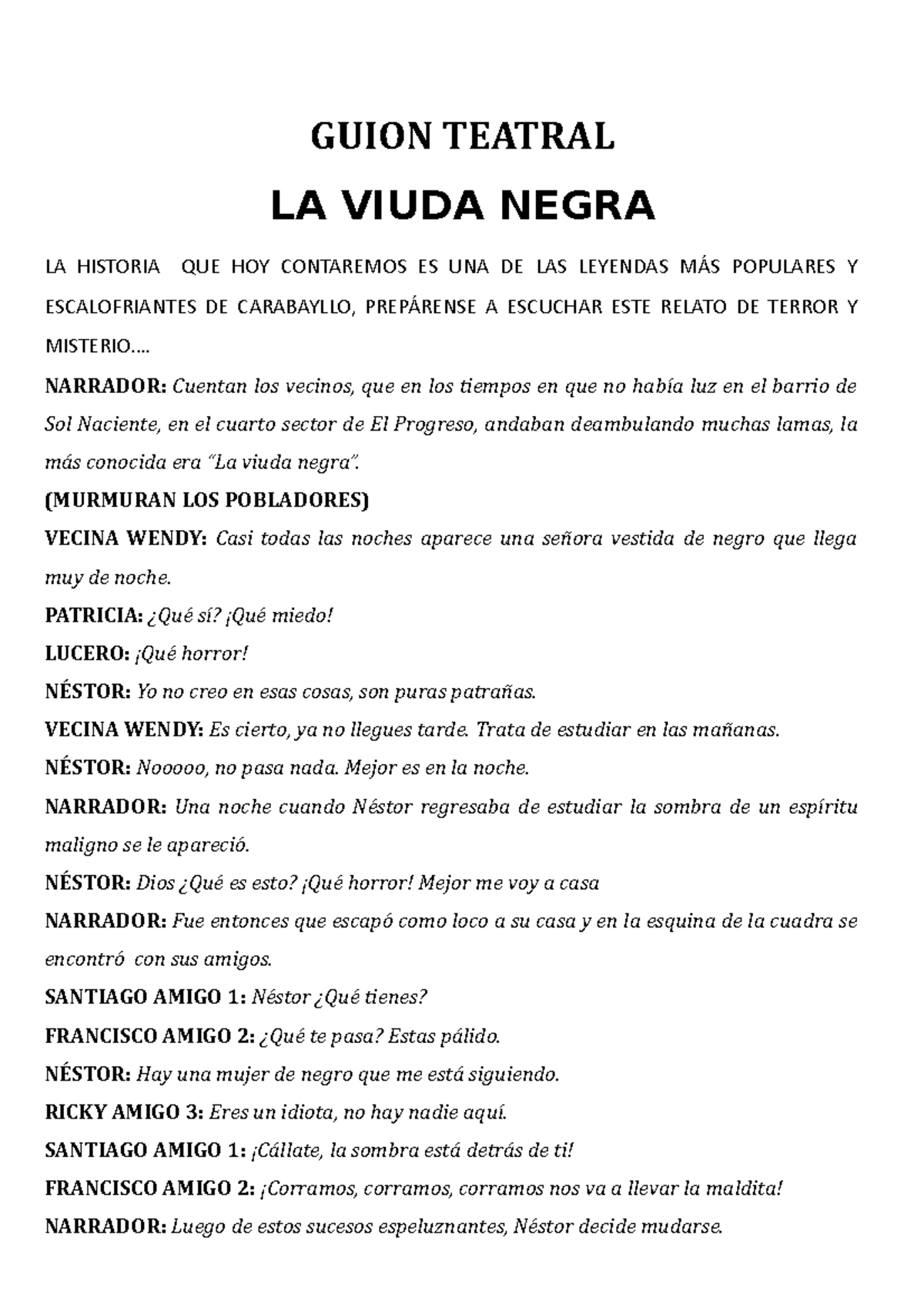 Guion Teatral Adaptado Para Su Obra Guion Teatral La Viuda Negra La Historia Que Hoy