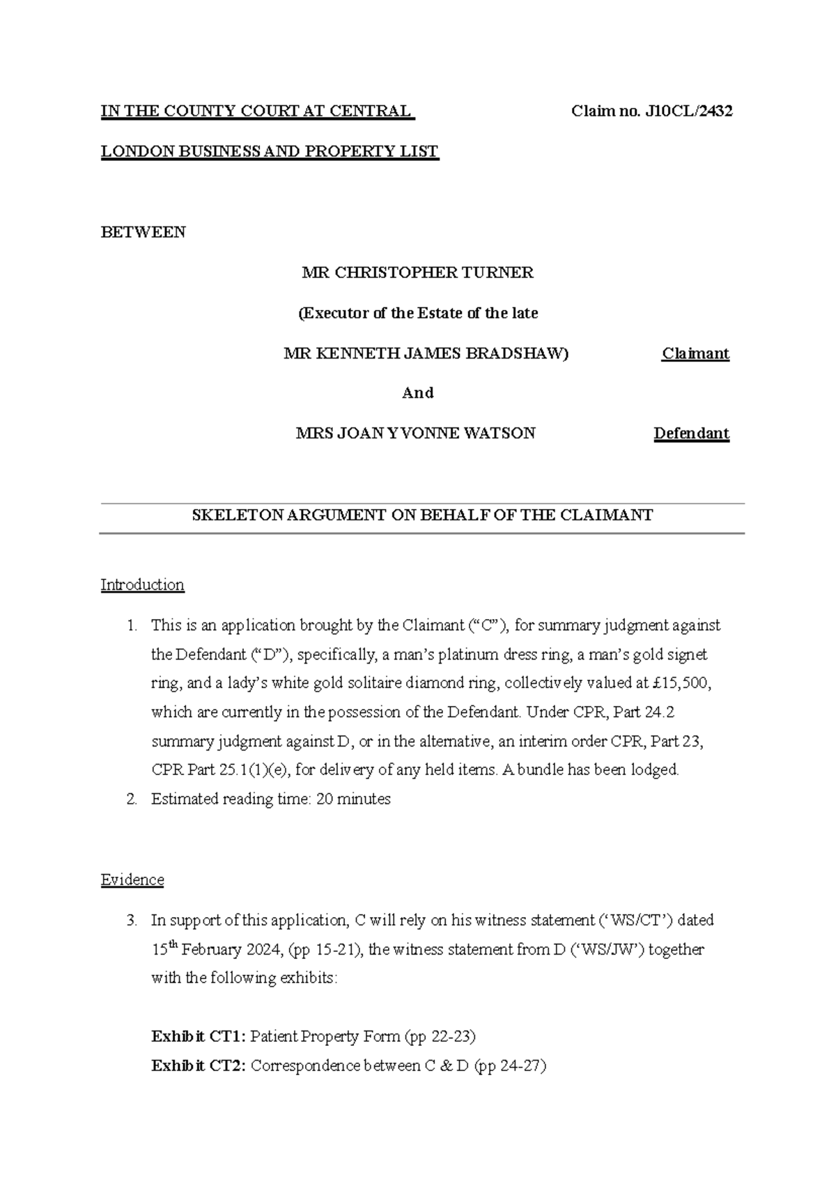 BPC - Skeleton Argument Claimant Unit 19 - IN THE COUNTY COURT AT ...