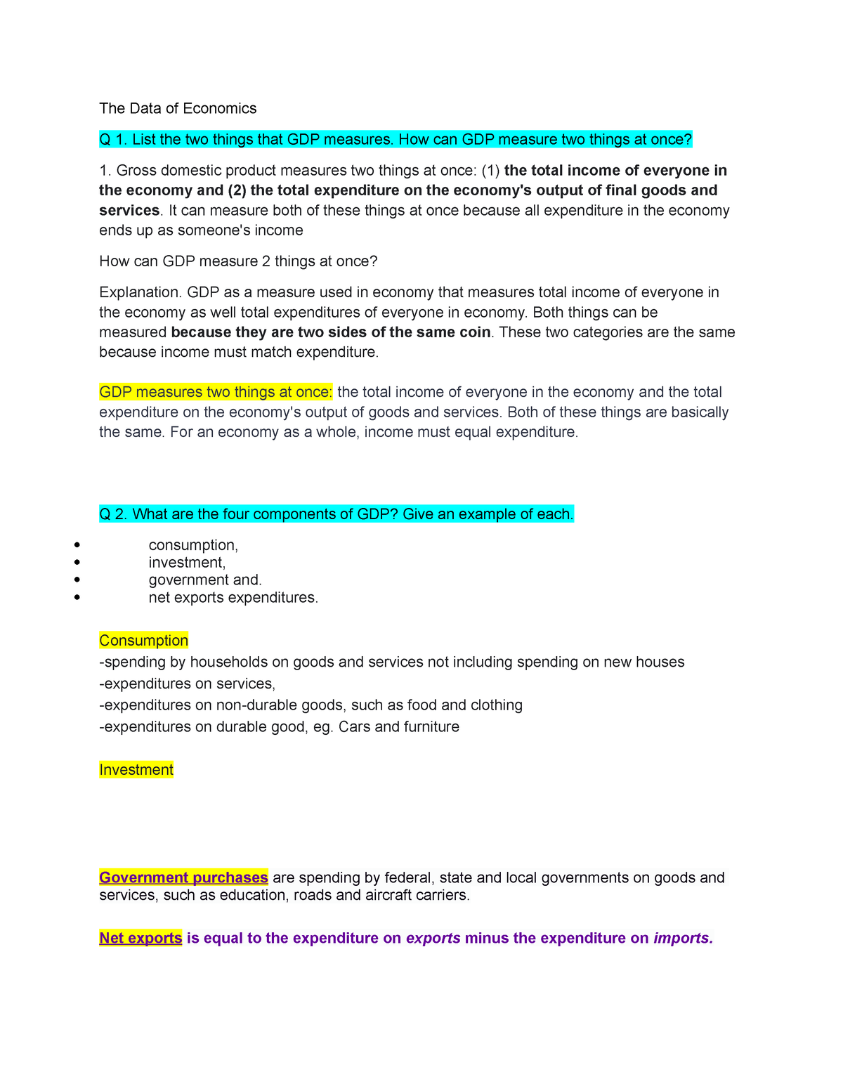 EMPA 112 Discussion The Data Of Economics Q 1 List The Two Things That GDP Measures How Can 