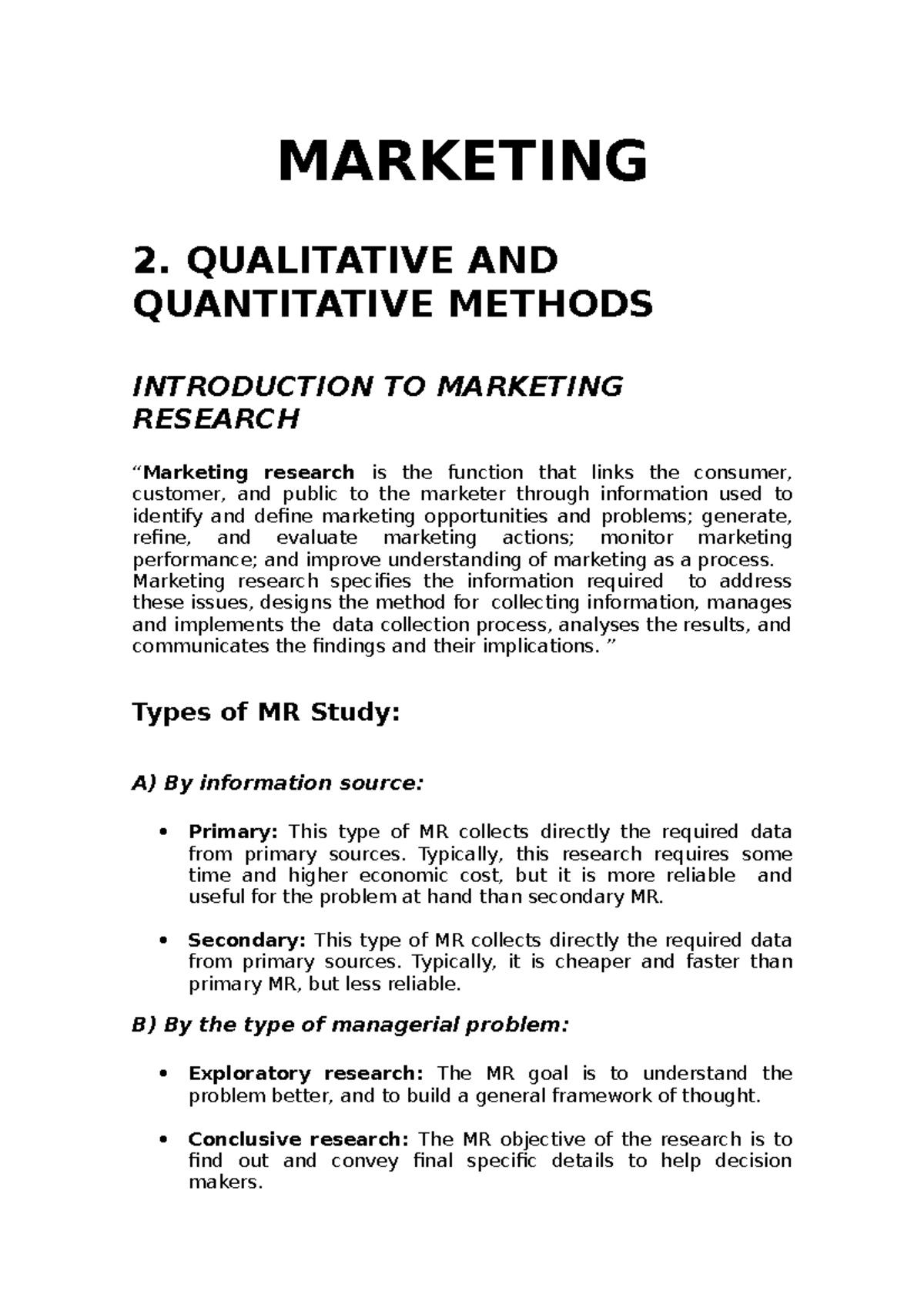 Unit 2. Qualitative And Quantitative Methods - MARKETING 2. QUALITATIVE ...