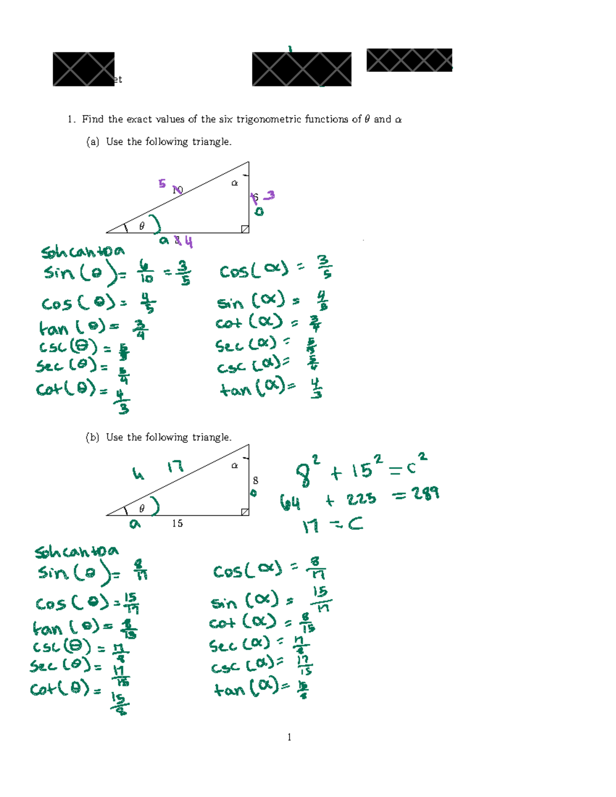 Worksheet for Trig - et Find the exact values of the six trigonometric ...