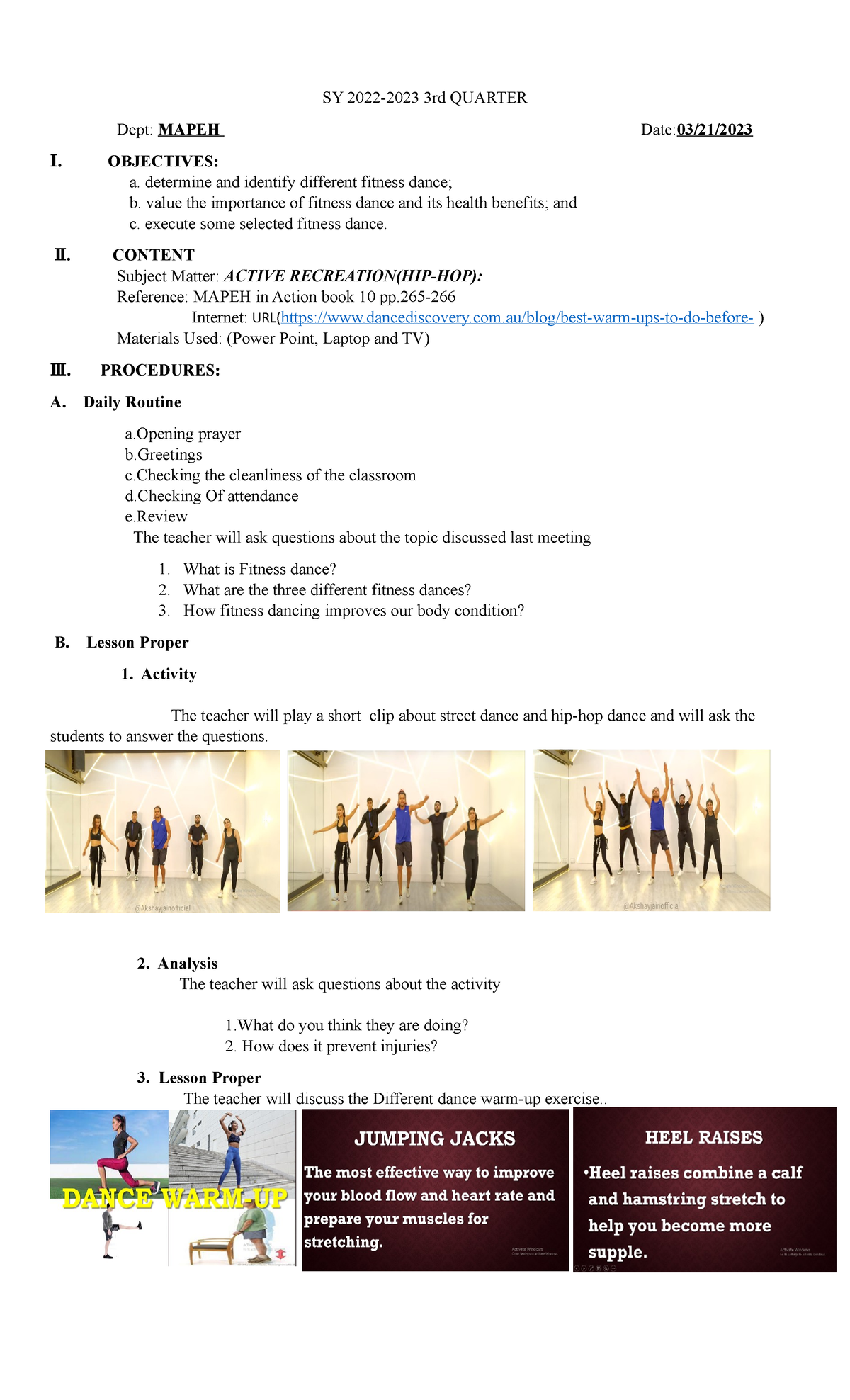 Lesson Plan Dance Warm-Up - SY 2022-2023 3rd QUARTER Dept: MAPEH Date ...