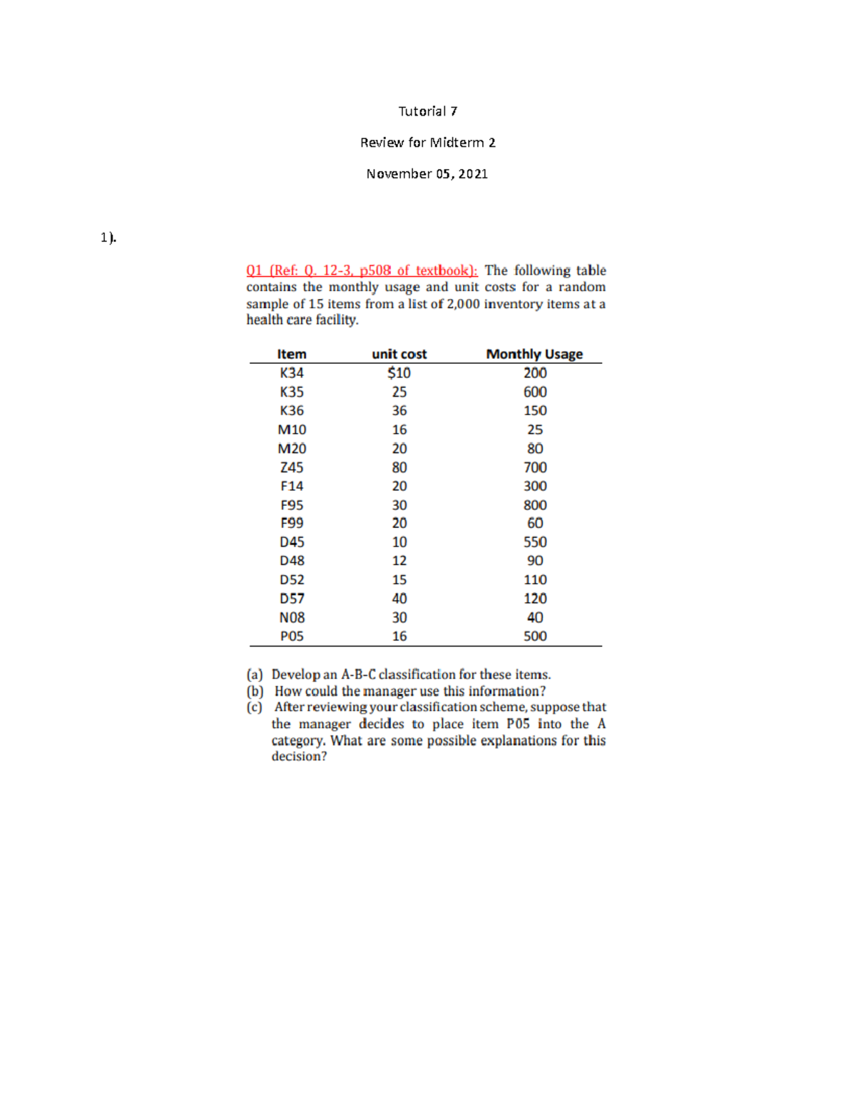 Tutorial 7 Questions - COMM 225 - Tutorial 7 Review for Midterm 2 ...
