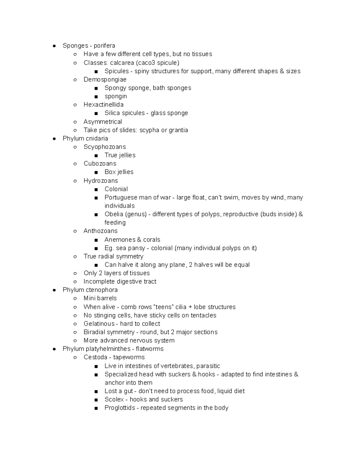 Lab 6 invertebrates - Organisms and Ecosystems lab notes - Sponges ...