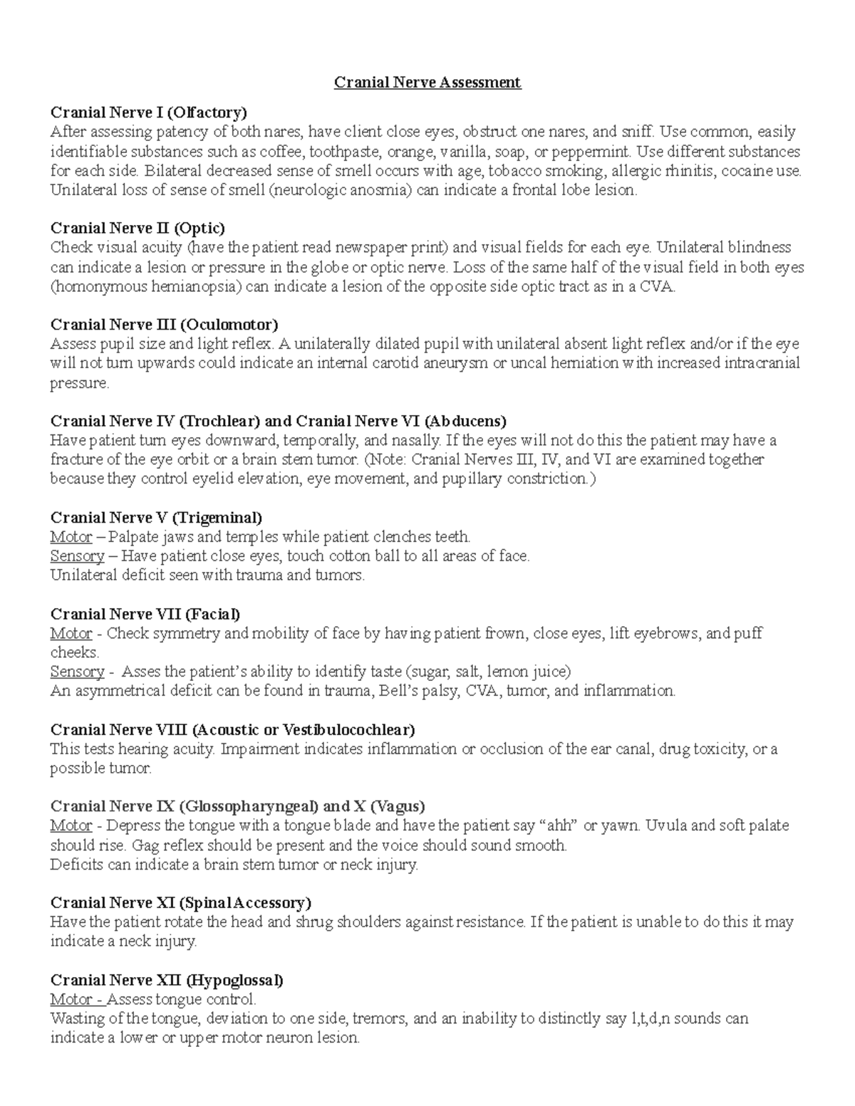 Short Cranial Nerve Assessment - Cranial Nerve Assessment Cranial Nerve ...